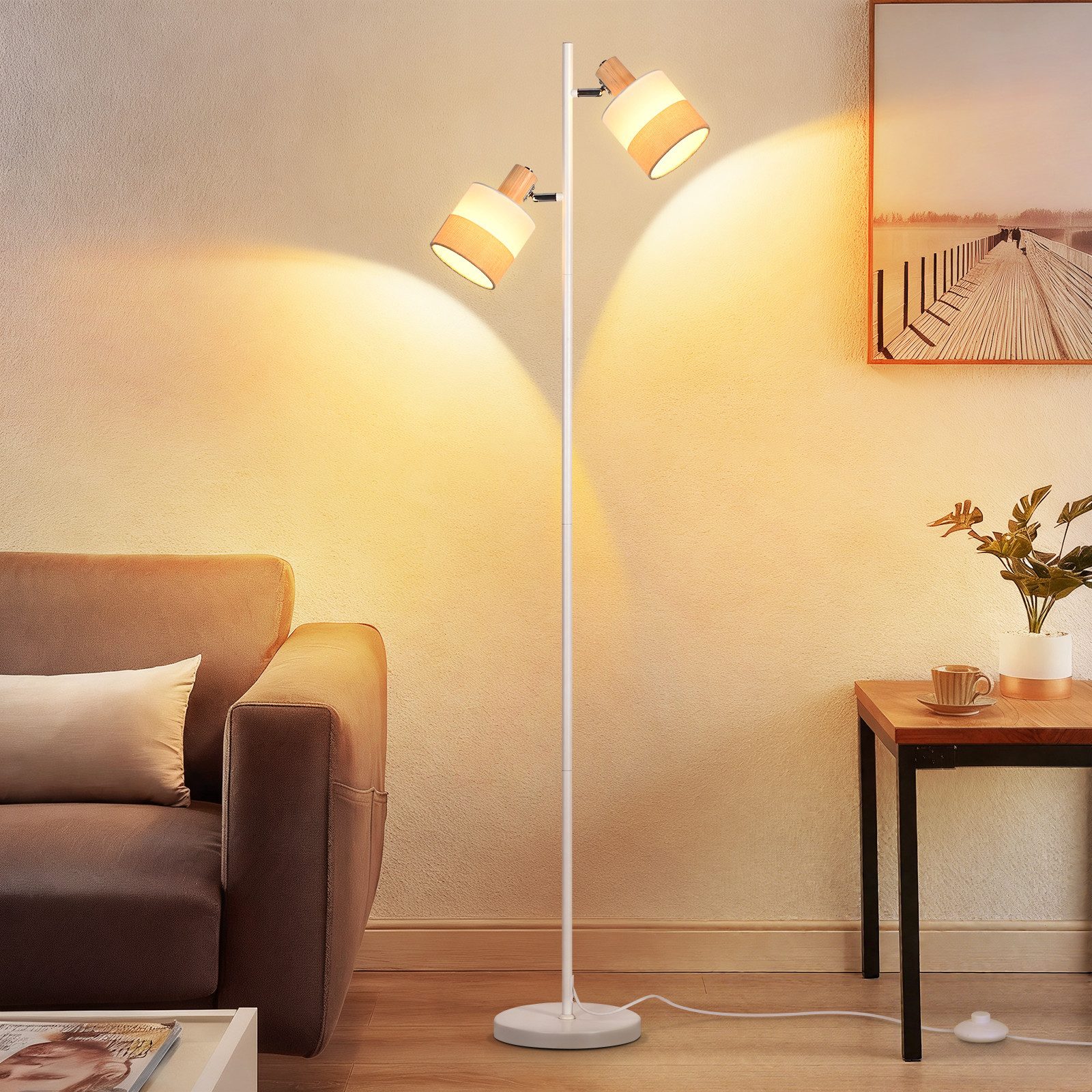 Nettlife Stehlampe Vintage aus Holz 2x E14 Fassungen Stoffschirm Fußschalter für Flur, LED wechselbar, für Schlafzimmer (ohne Leuchtmittel)