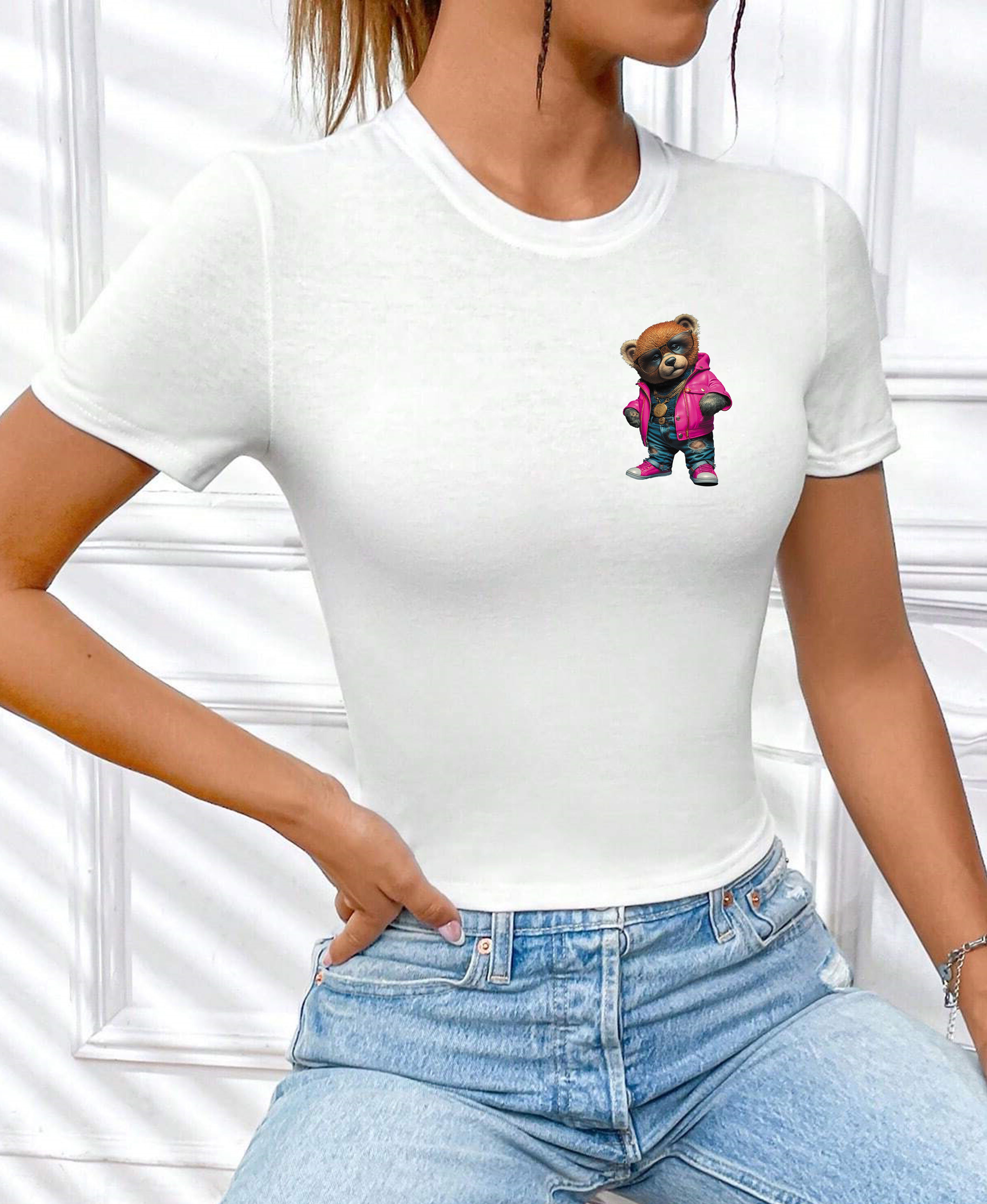 RMK T-Shirt Damen Shirt kurzarm Rundhalsshirt coolen "Lederjacke Teddy Bär"