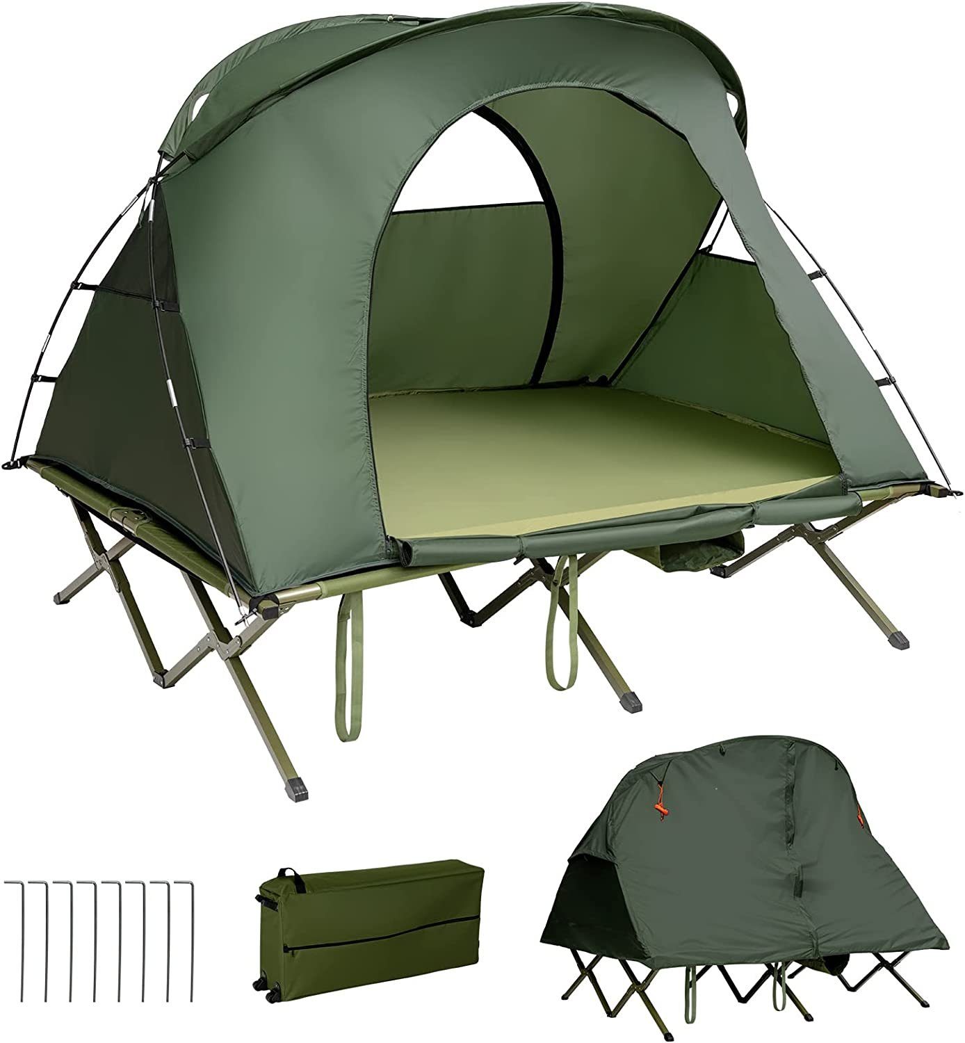 KOMFOTTEU Kuppelzelt 4 in 1 Campingzelt mit Feldbett, Personen: 2, 194×146×160 cm