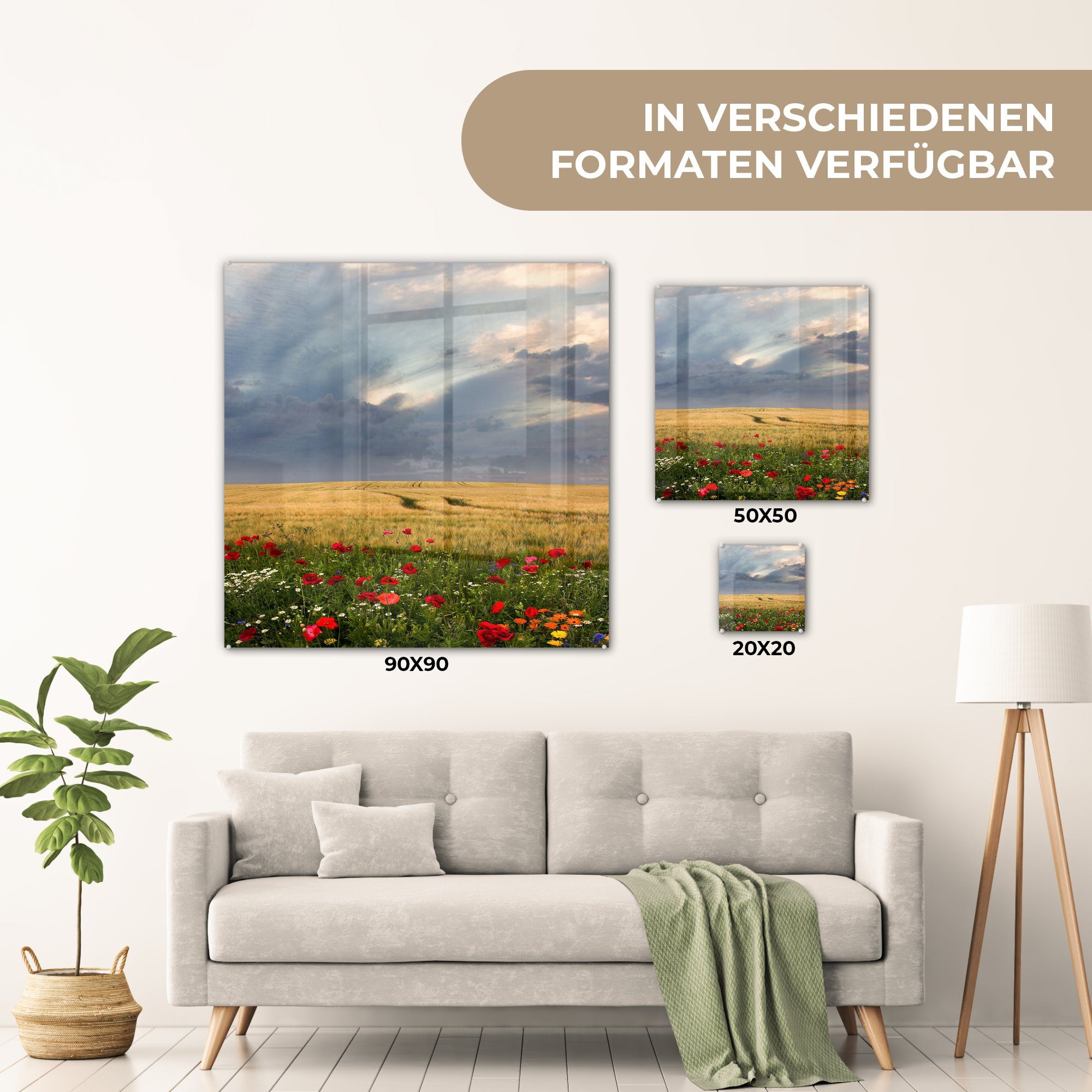 Glas Weizen Wandbild - MuchoWow auf auf Acrylglasbild - - (1 - Glasbilder Bilder - Wanddekoration St), Wolken, Glas Blumen Foto