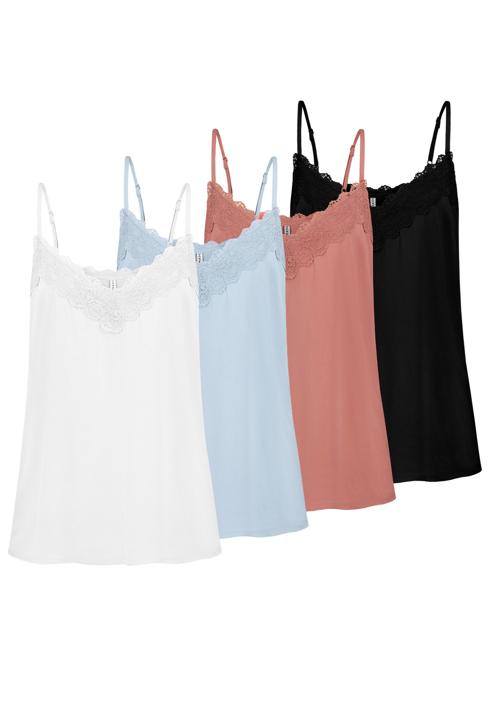 Fresh Made Trägertop Damen Spitzen Viskosetop 4er-Pack (4-tlg) Spitze an Ausschnitt, verstellbare Spaghettiträger