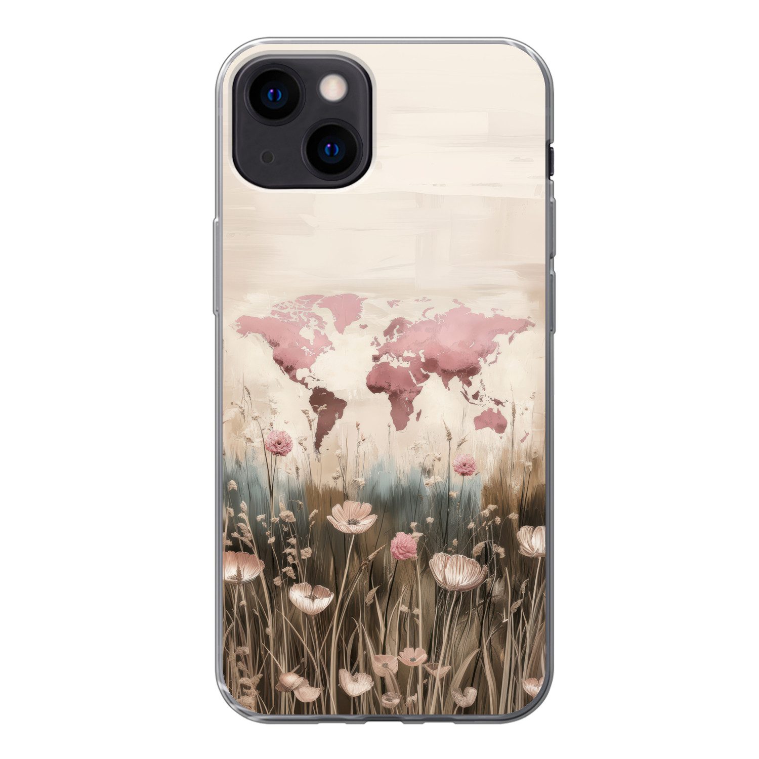 MuchoWow Handyhülle für Apple iPhone 13 Weltkarte - Rosa - Blumen, Smartphone-Bumper, Print, Handy Schutzhülle Dünn