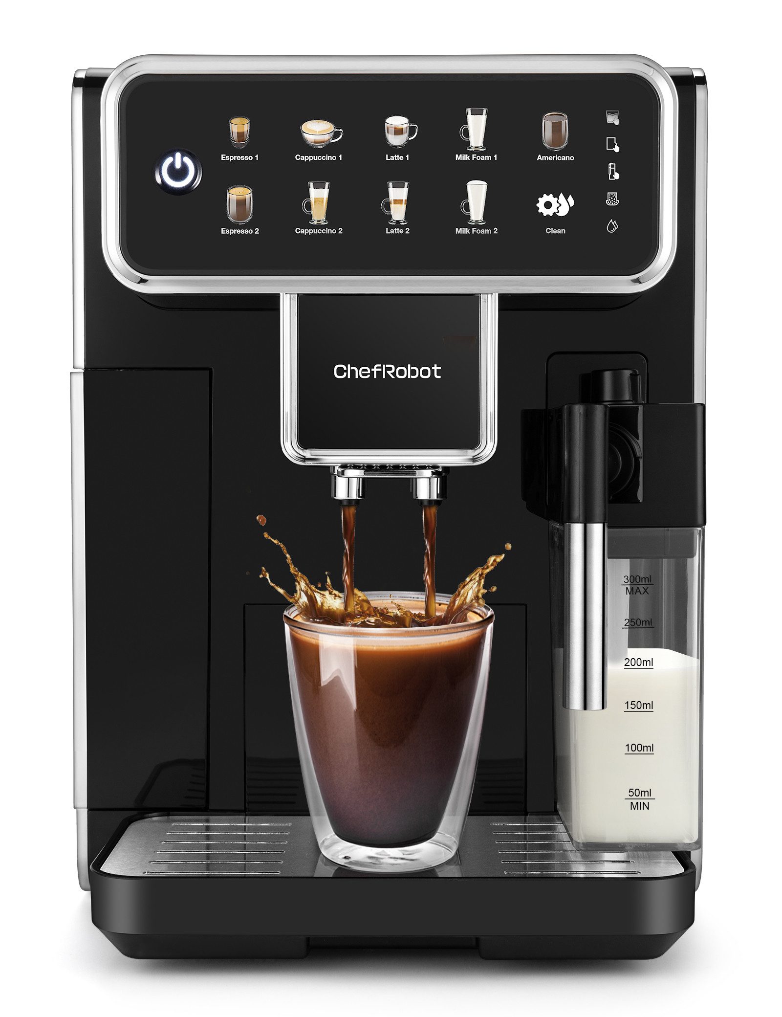 ChefRobot Espressomaschine AM7203 für Espresso, Cappuccino, Latte und Americano, Mit Selbstreinigungsfunktion, 4-stufigem Mahlgrad und Touchscreen