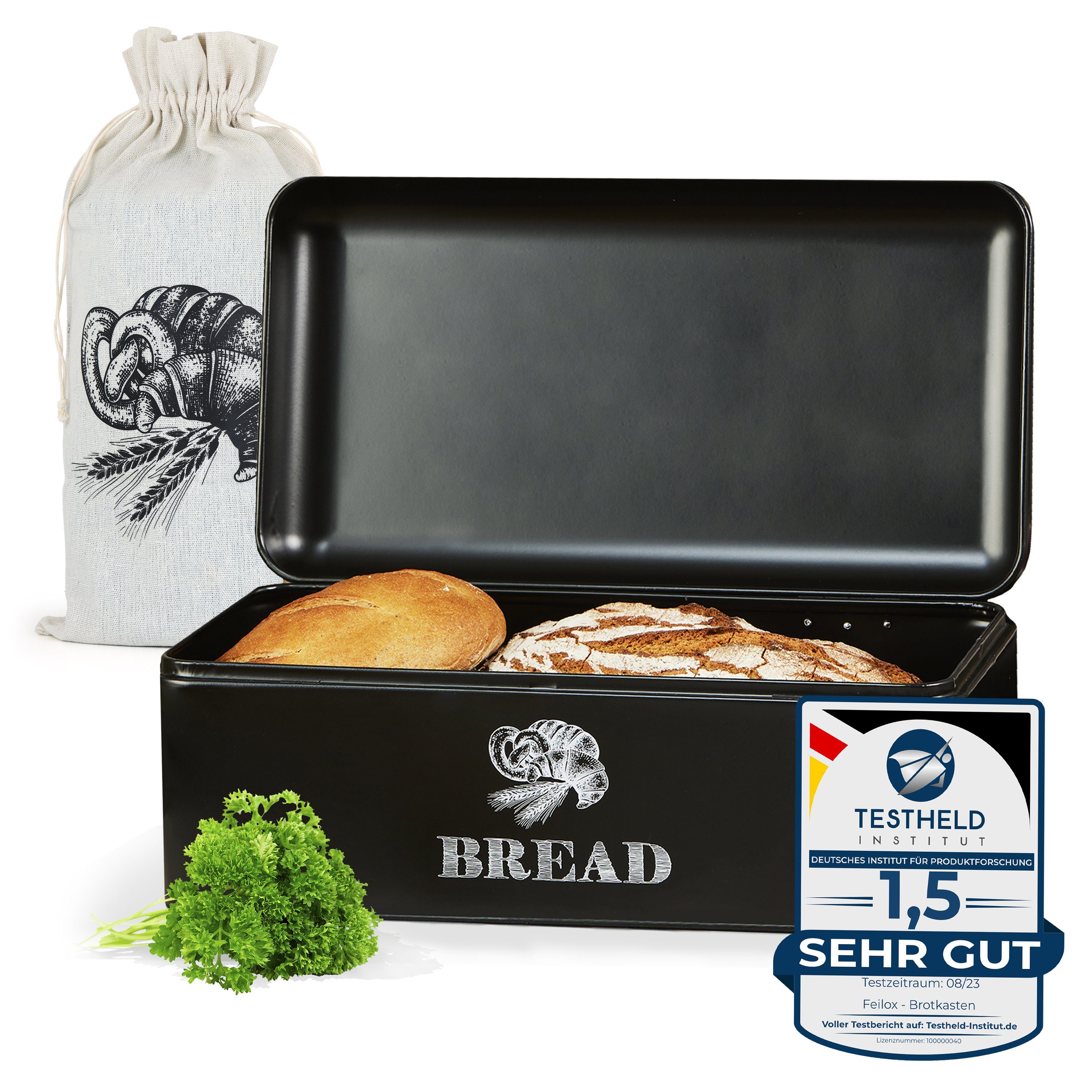 Feilox Brotkasten schwarz matt, groß Jutebeutel inkl. Design, (für Qualität, Brote), Premium Edelstahl, Retro 2-3