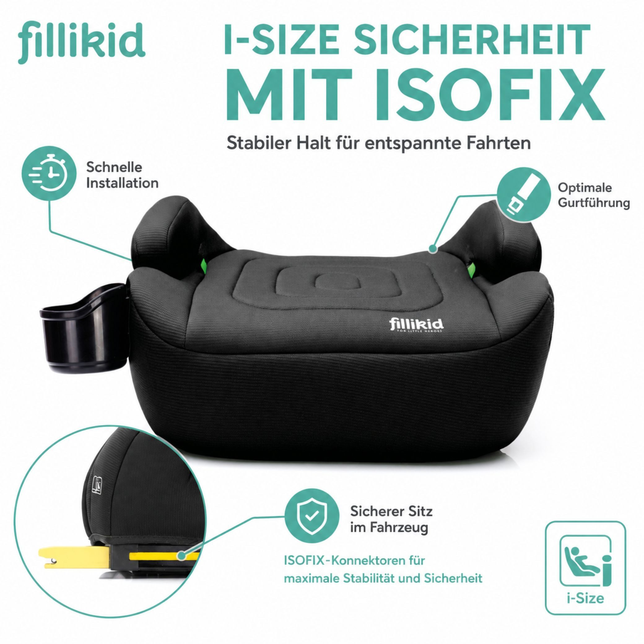 Fillikid Kindersitzerhöhung Sitzerhöhung mit verlängerbarer Isofix i-size Exklusiv