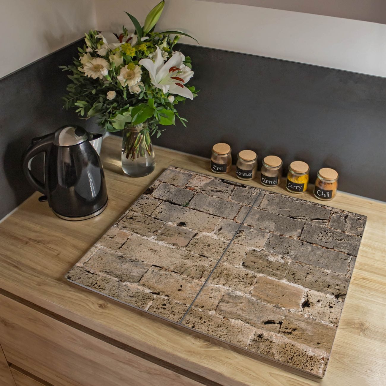 banjado Herd-Abdeckplatte zweiteilig aus Glas mit Motiv Steinwand Antik, (gehärtet, 2 tlg., inkl. selbstklebende Gummifüßchen)