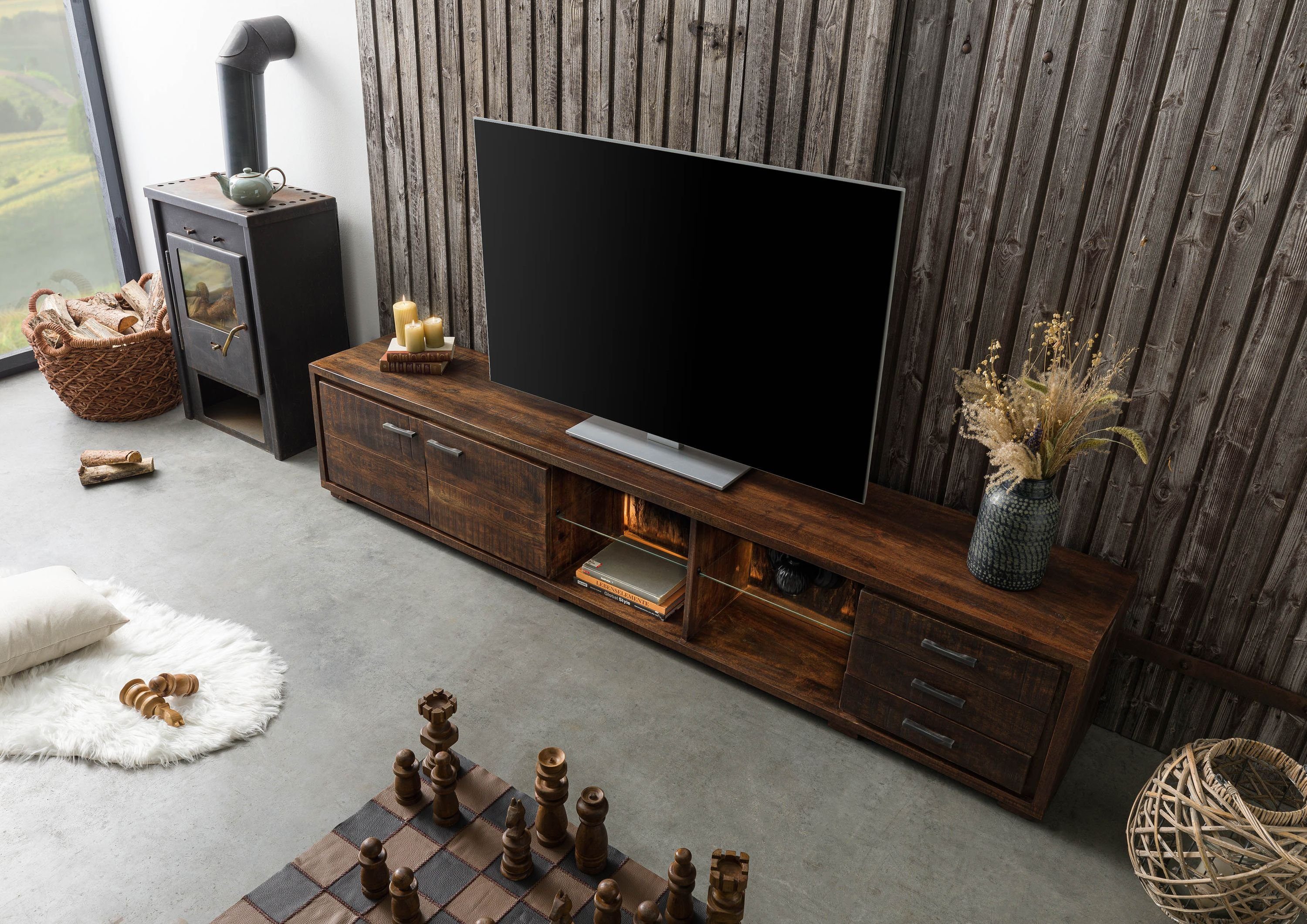 Massivmoebel24 TV-Board BARK (Massivholz), Akazie 235x40x47 dunkelbraun lackiert BARK #216