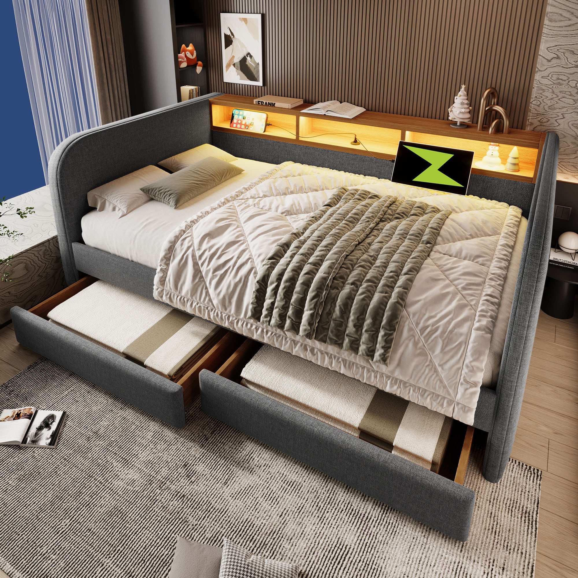 Merax Daybett (Schlafsofa aus Leinen, Lattenrost, Stauraum-Kopfteil, 1 tlg) günstig online kaufen