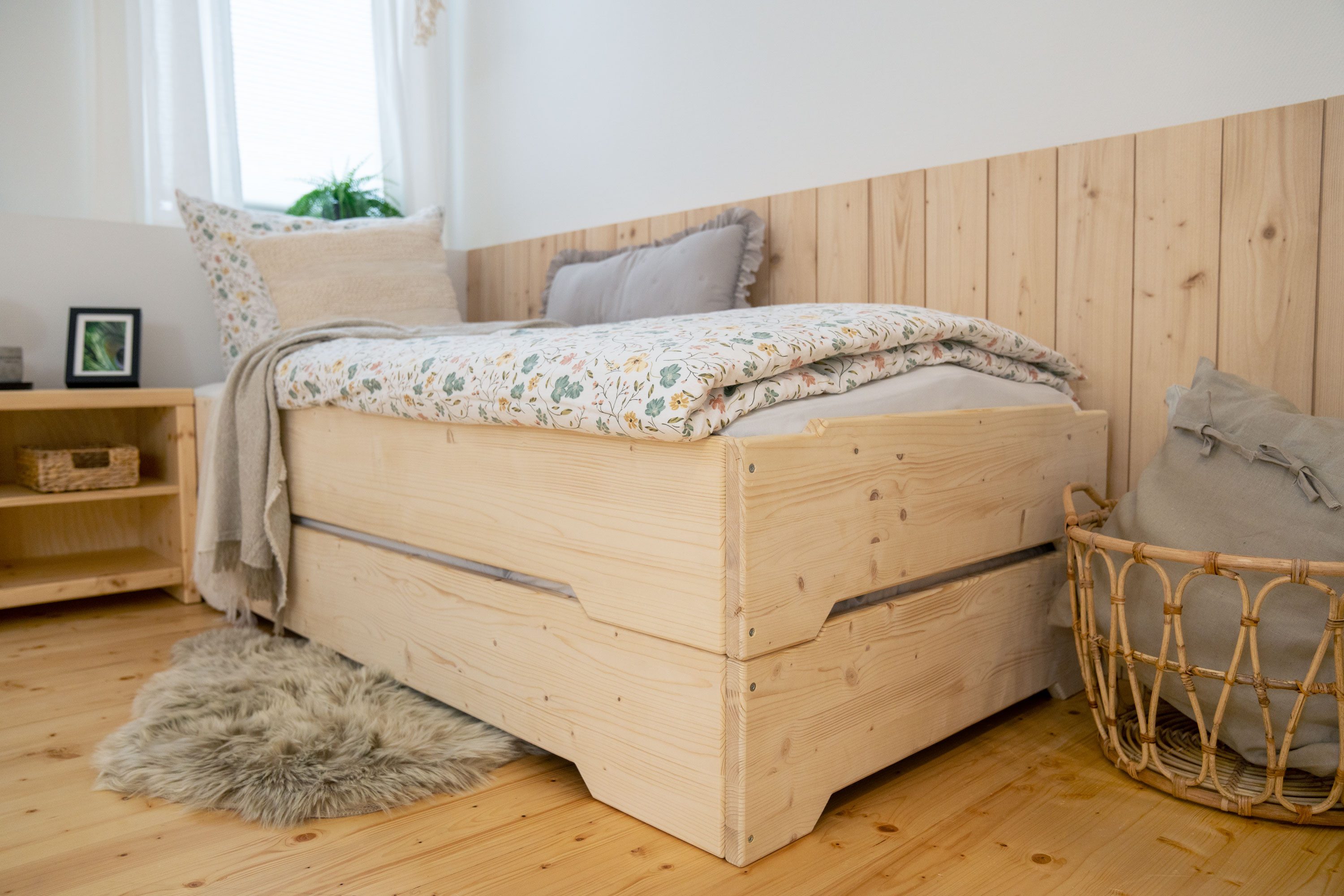 WOMONY Stapelbett / Stapelliege, Gästebett, 90 x 200 cm, Fichte Massivholz