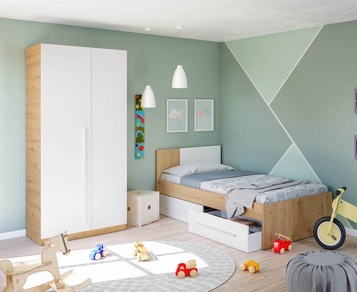 freiraum Jugendzimmer-Set NOA, (Jugendbettkasten mit Kopfteil + Kleiderschrank), in Nodi-Eiche/Artik-Weiß - 196x77x92 (BxHxT)