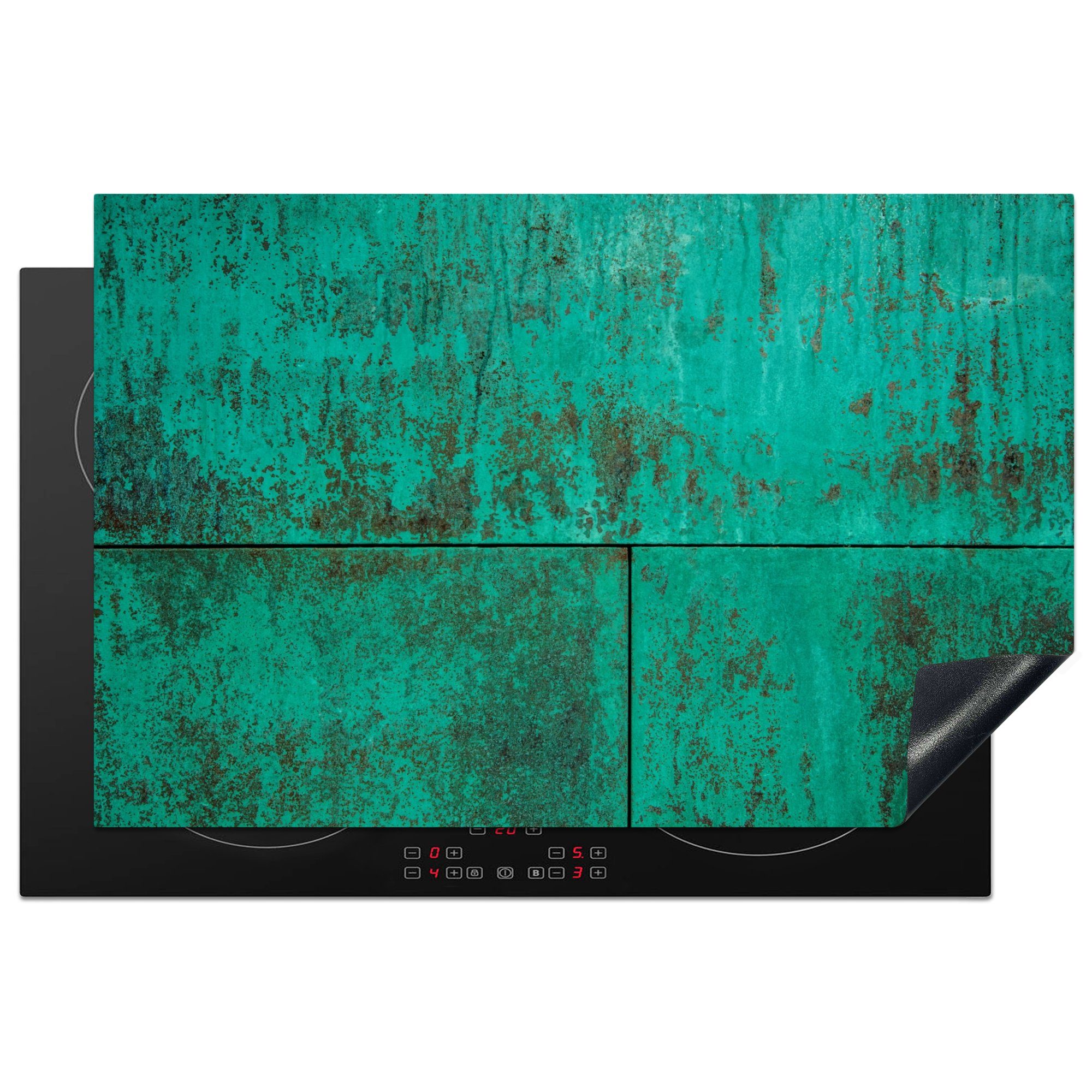 MuchoWow Herdblende-/Abdeckplatte Grüne Patina auf kupferfarbenem Hintergrund, Vinyl, (1 tlg), 81x52 cm, Induktionskochfeld Schutz für die küche, Ceranfeldabdeckung