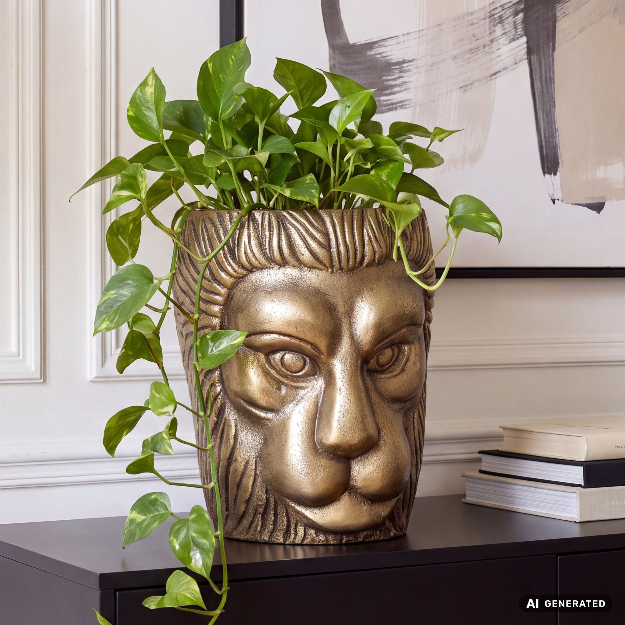 FINEBUY Tischvase FB108814 Vase Blumenvase Löwenkopf 21 cm Aluminium Gold Wohndeko Rund (Alu Blumenvase Handgefertigt, Vase für Blumen), Dekovase Löwenkopf 21 cm Aluminium Gold Modern
