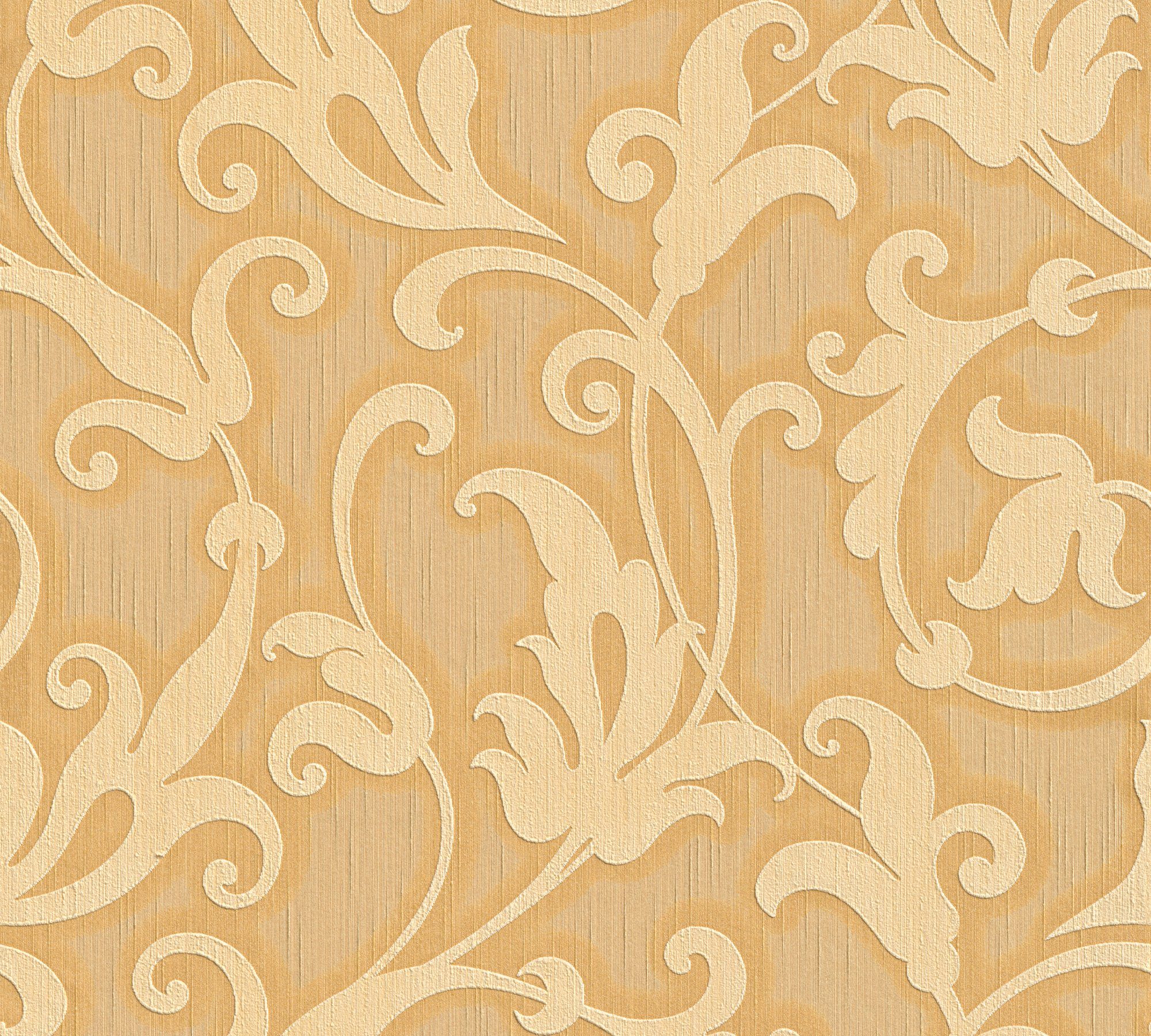 Architects Paper Textiltapete Tessuto, samtig, Barock, floral, Tapete Barock orange/gold/gelb