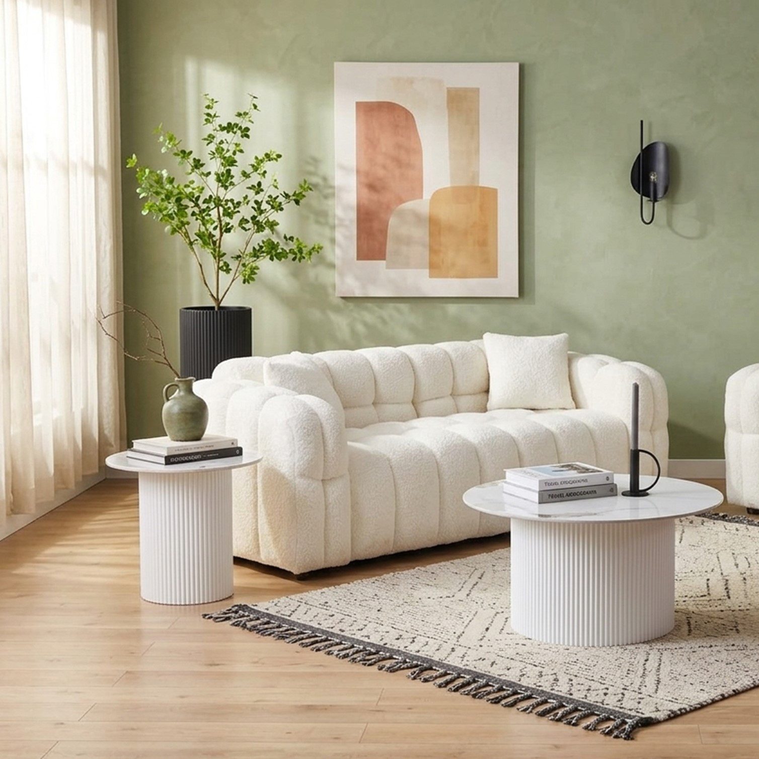 HOOZ Couchtisch Wohnzimmertisch Keramik rund 2er Set Trommel Gestell Weiß 80 & 60 cm (Set, 2-St., 2× Satztisch), Sofatisch mit geriffeltem Gestell – stabil & pf – Bild 5 von 5