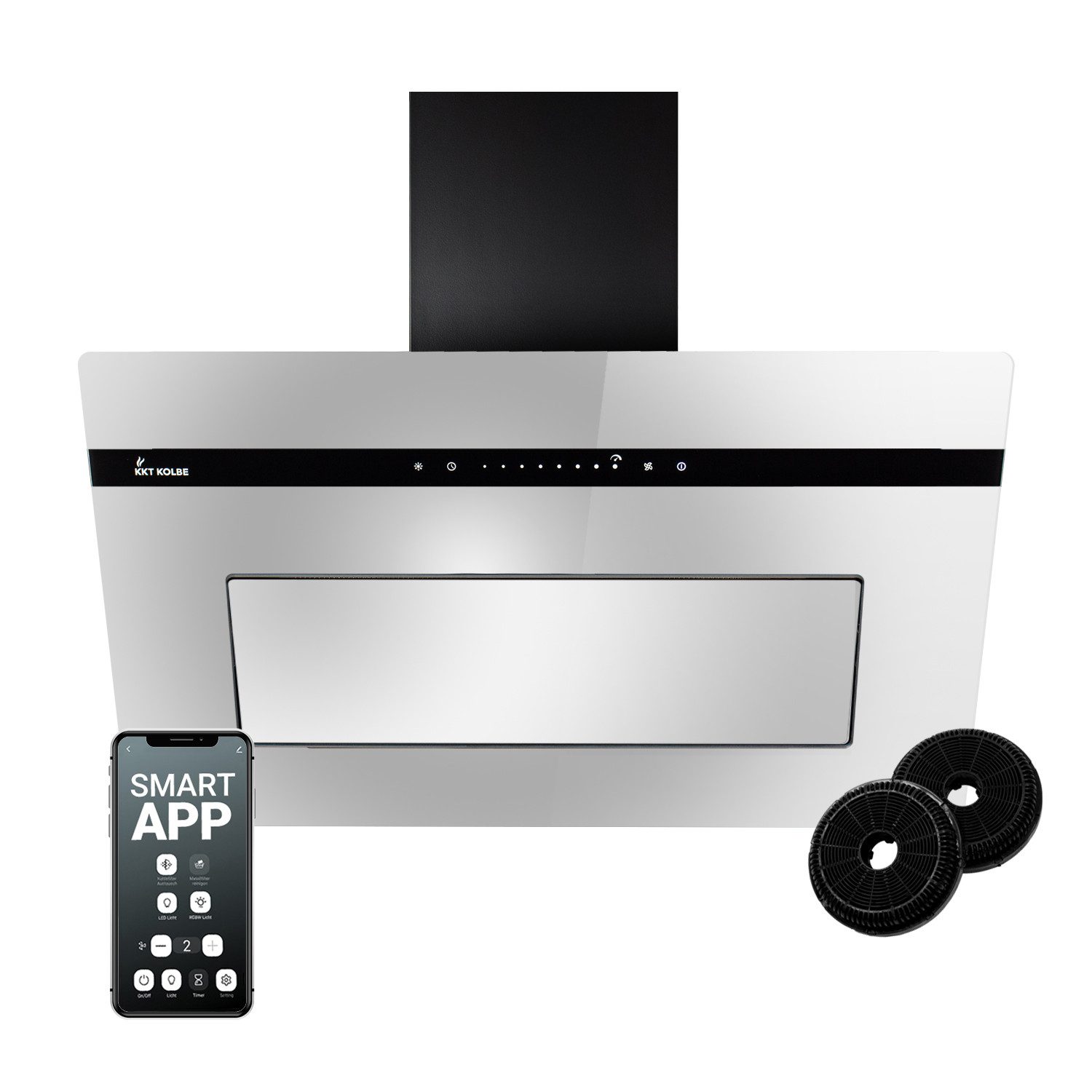 KKT KOLBE Wandhaube Dunstabzugshaube 80cm Spiegel-Design PLOOM8005M RGBW Ambientebeleuchtu Dunstabzugshaube 80cm Spiegel-Design PLOOM8005M RGBW Ambientebeleuchtu, Kopffrei / 80cm / Smarte WiFi-App / Schwarz / Glas / Schräghaube