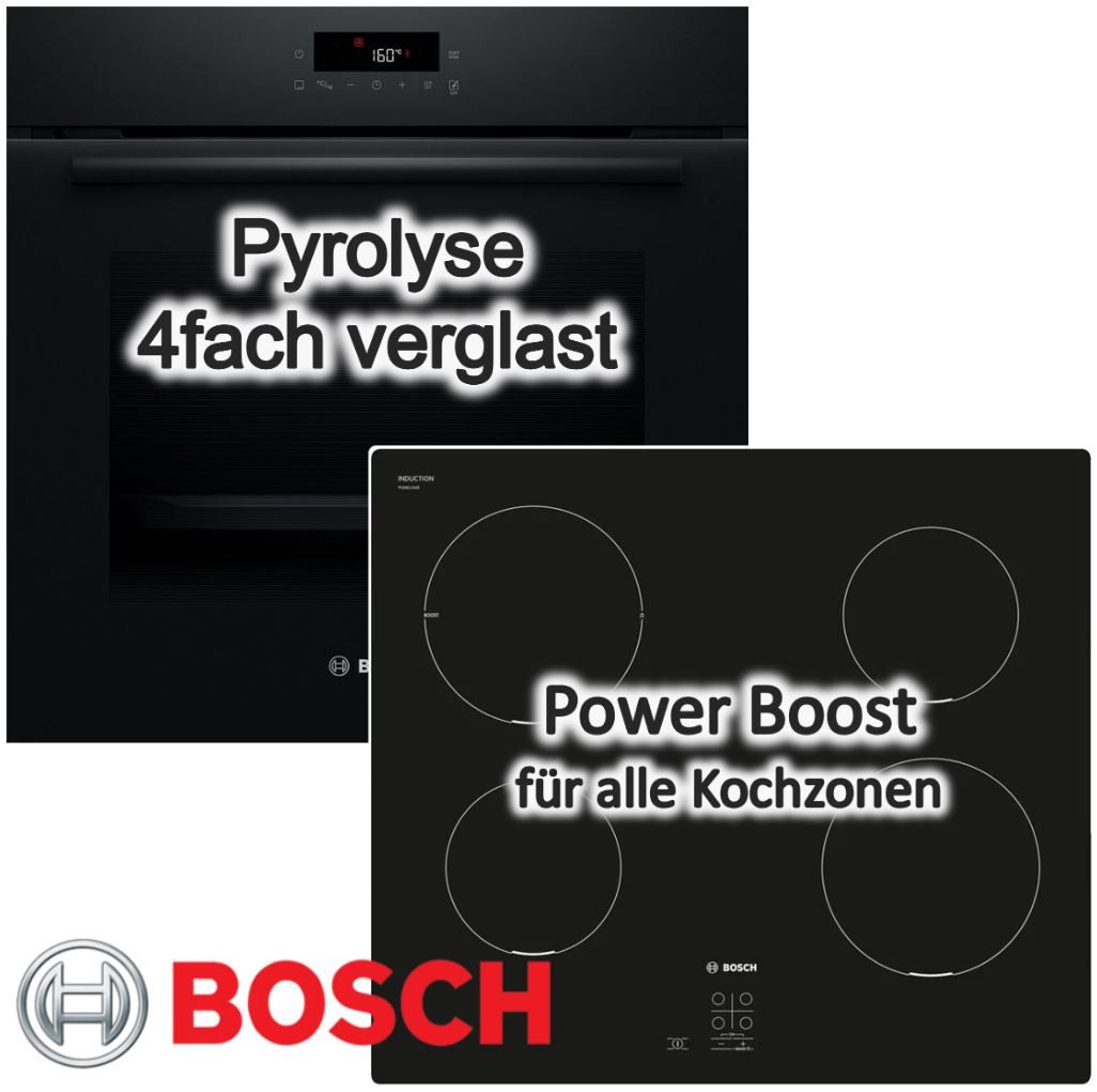 BOSCH Backofen-Set Induktion 60 cm Backofen Pyrolyse 3D-Heißluft PowerBoost Schwarz, mit Nein, Pyrolyse-Selbstreinigung Hydrolyse