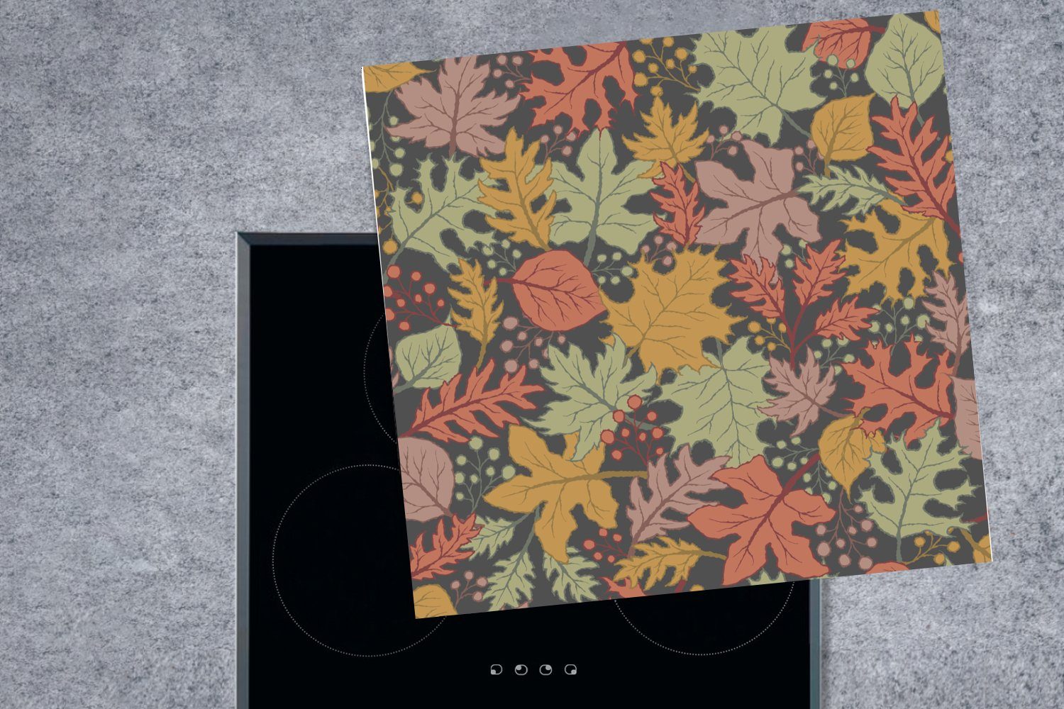 Herbst Vinyl, Illustration Herdblende-/Abdeckplatte für küche Arbeitsplatte cm, 78x78 (1 tlg), Laub, - Ceranfeldabdeckung, - MuchoWow