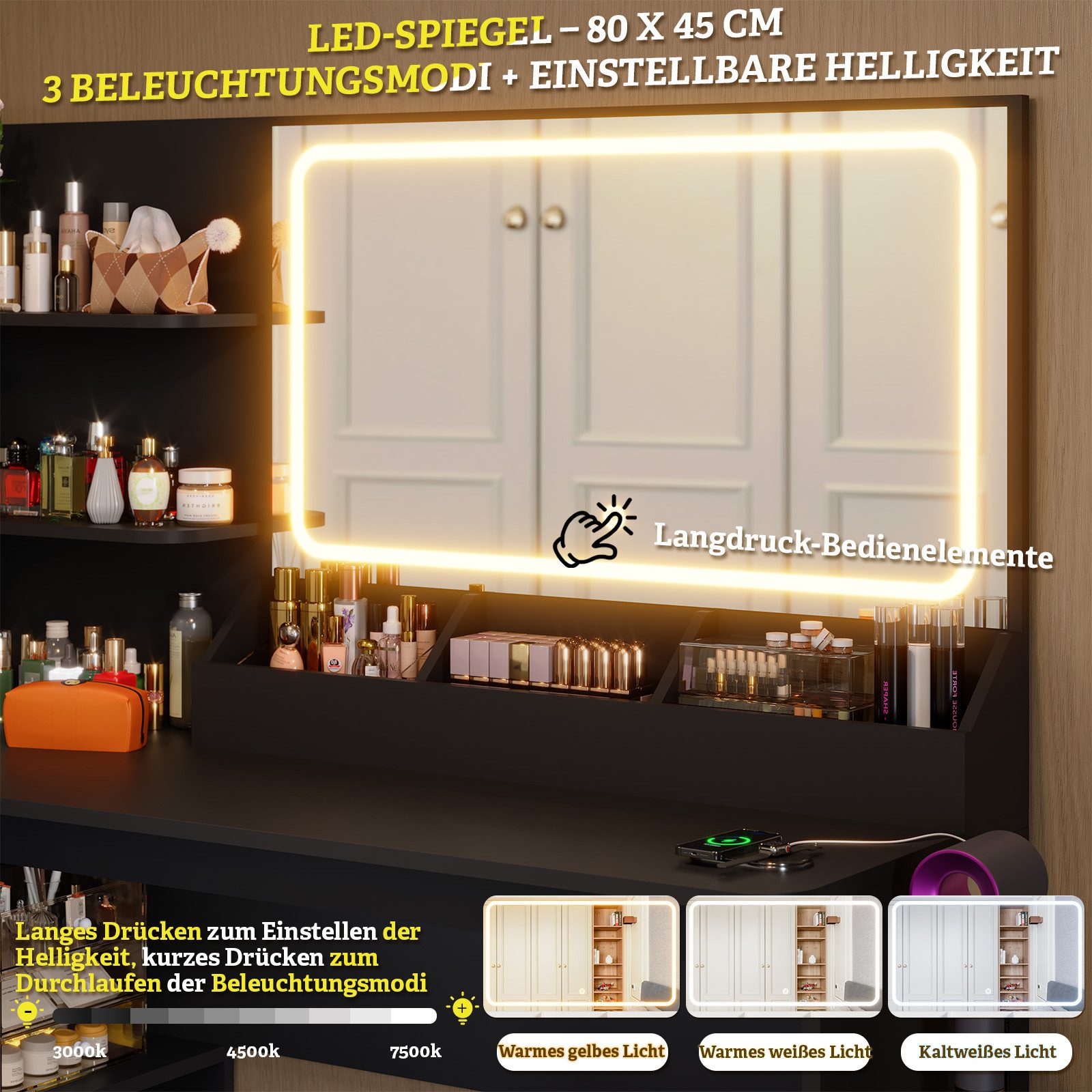 HOMALL Schminktisch Mit Stuhl und dreifarbigem LED-Spiegel, Helligkeit einstellbar (Extra groB: 120x40x 136 cm. 2 Steckdosen +1 USB-Anschluss +1 Typ-C-Anschilus – Bild 4 von 5