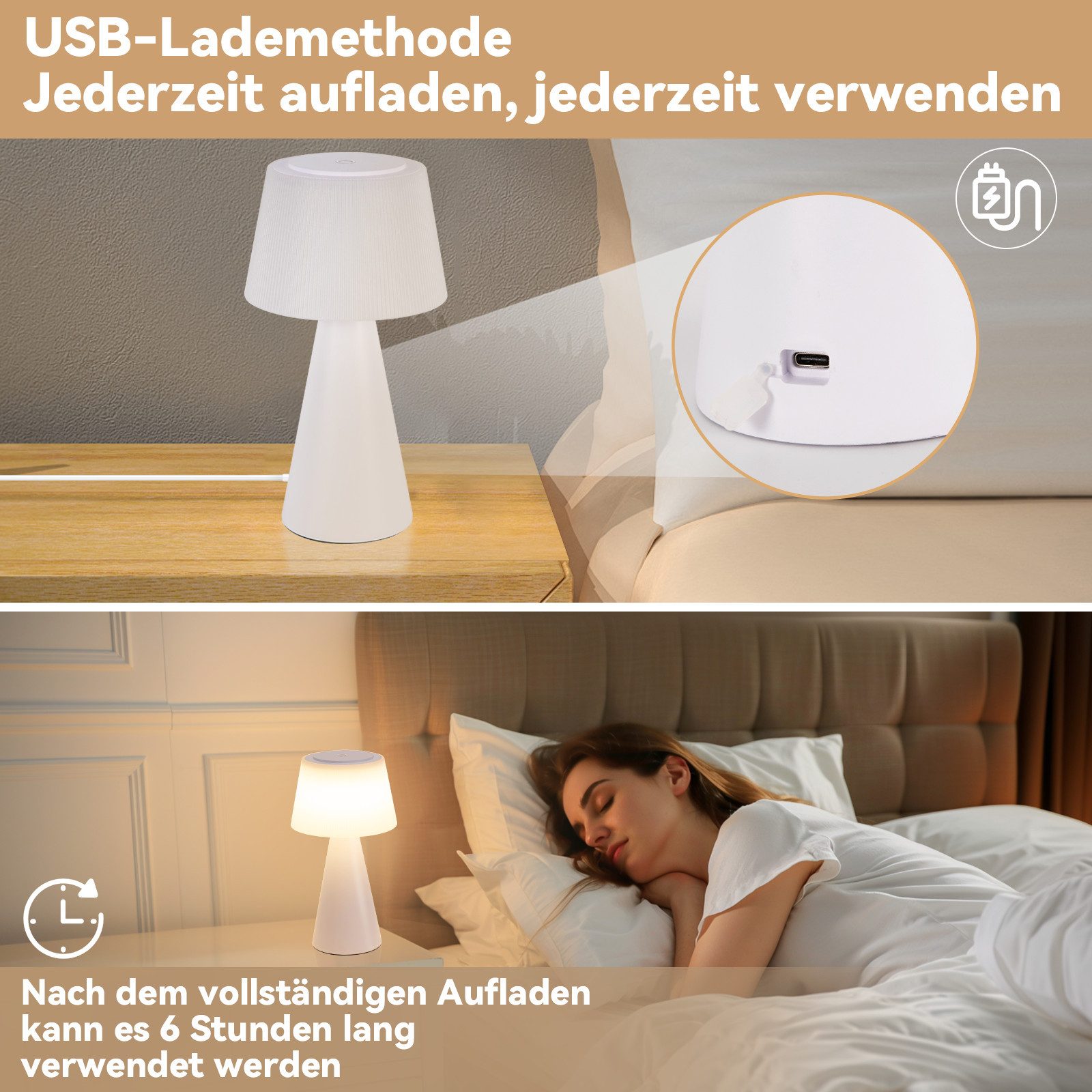 ZMH LED Tischleuchte kabellose Akku Tischlampe mit USB-C, Touch-Dimmer, 3 Helligkeitsstufen, Lichtfarbe 3000–6500 K, 3600 mAh, LED fest integriert, Warmweiß, fü – Bild 4 von 5