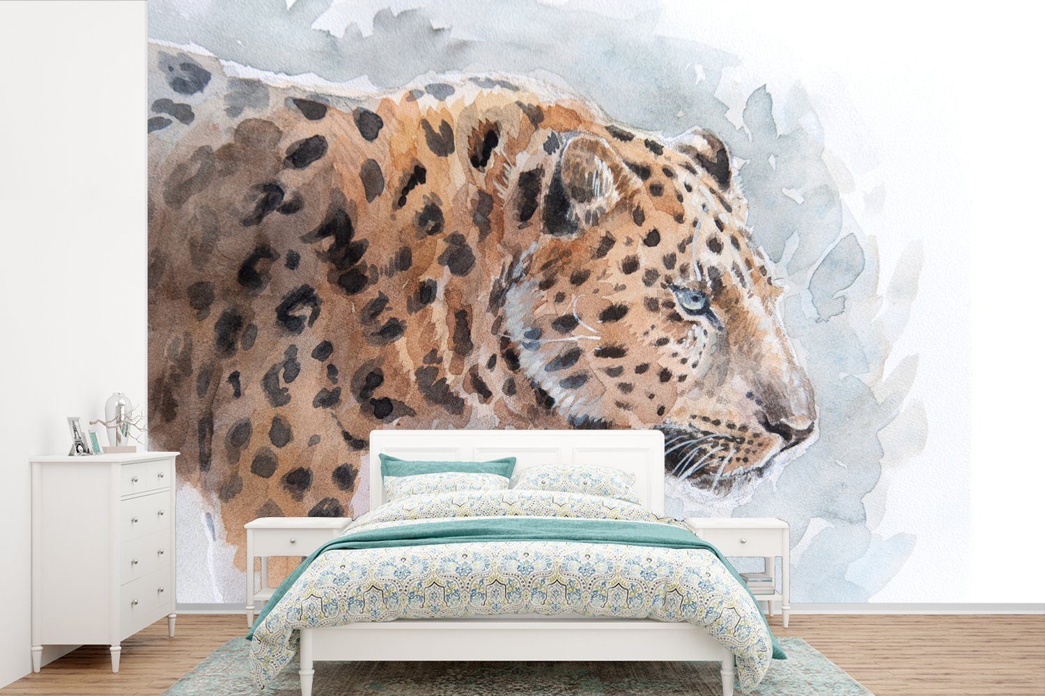 MuchoWow Fototapete Leopard - Aquarell - für Tapete Wohnzimmer, Wallpaper St), Schlafzimmer, (6 Matt, bedruckt, Vinyl Blau, Kinderzimmer