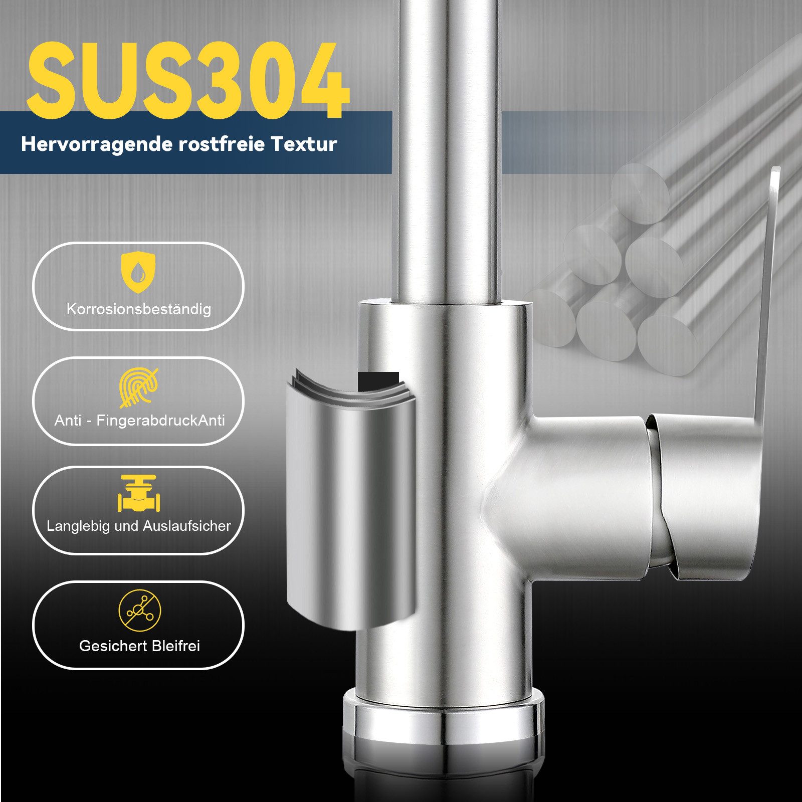 Nettlife Küchenarmatur Ausziehbar Edelstahl Wasserhahn Schwarz Spültischarmatur mit Brause Armatur Edelstahl 360° Drehbar mit 3 Strahlarten