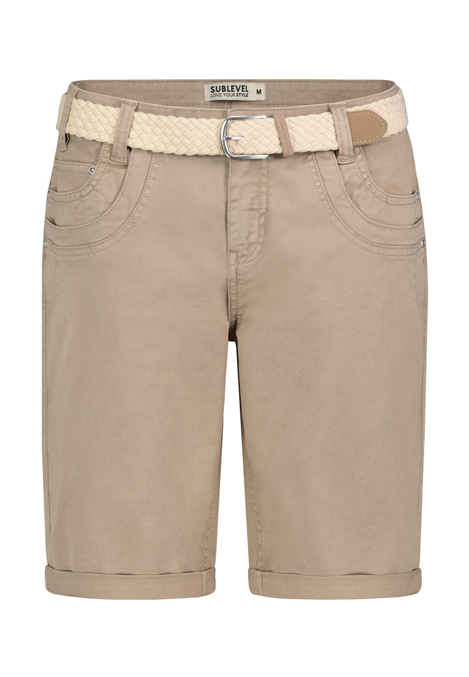 SUBLEVEL Bermudas Chinoshorts mit Stoffgürtel und Knopfleiste, Regular Fit für Damen Baumwolle Regular Fit unifarben atmungsaktiv Reißverschluss