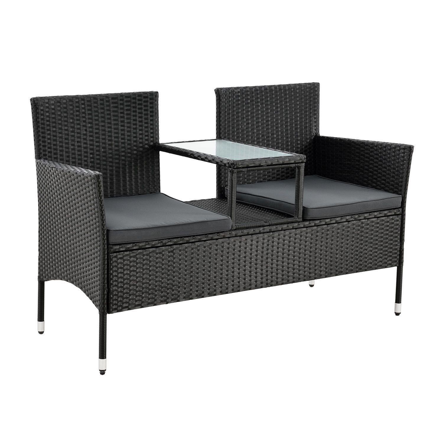 Juskys Balkonset Monaco, Balkonmöbel in Rattan-Optik, Polyrattan 2-Sitzer mit Tisch & Kissen