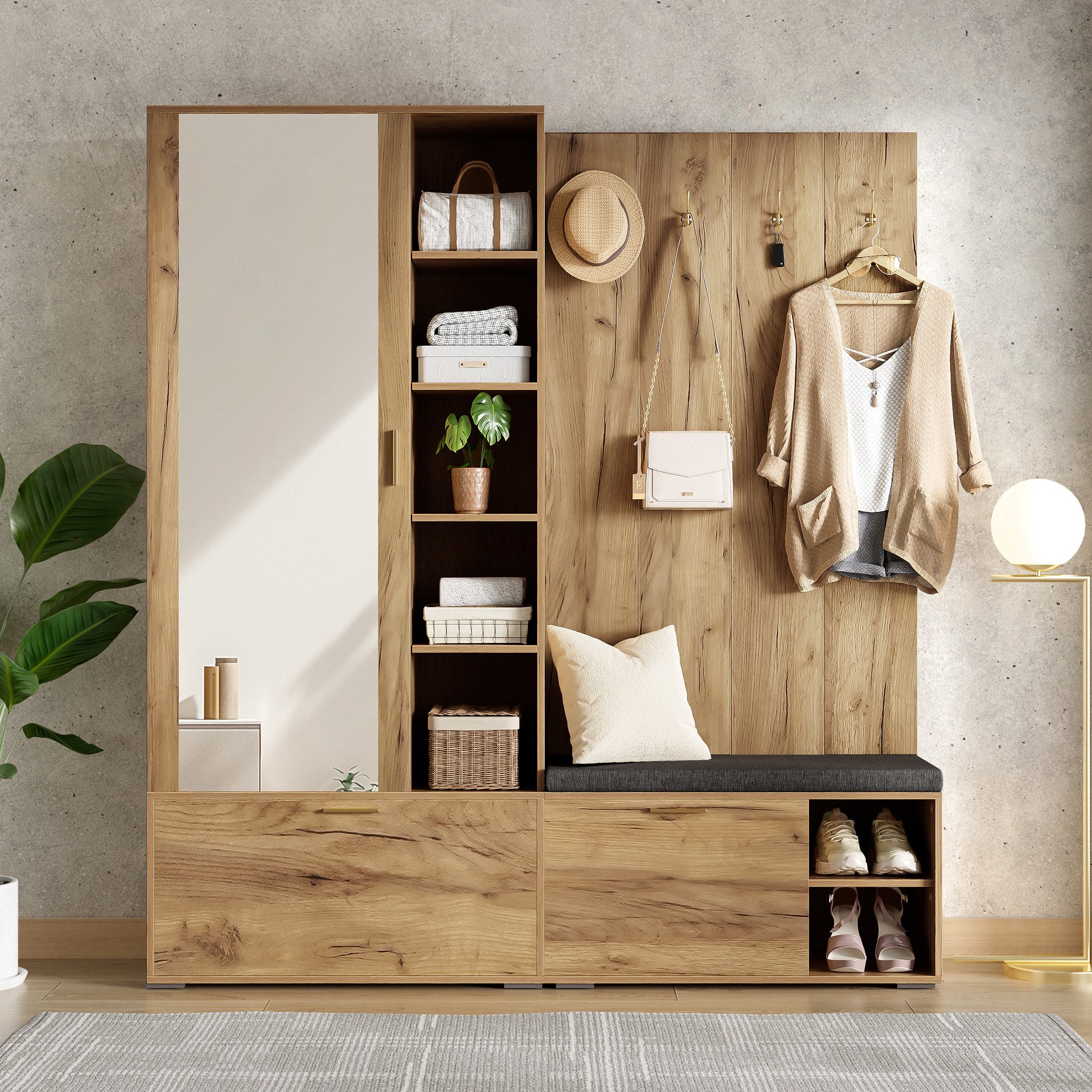 Merax Garderoben-Set Garderobenset, Schuhschrank mit Klappen, Sitzbank, (1-St., Kleiderschrank mit ausziehbarer Kleiderstange, 4 Haken, Spiegel), Garderobenständer