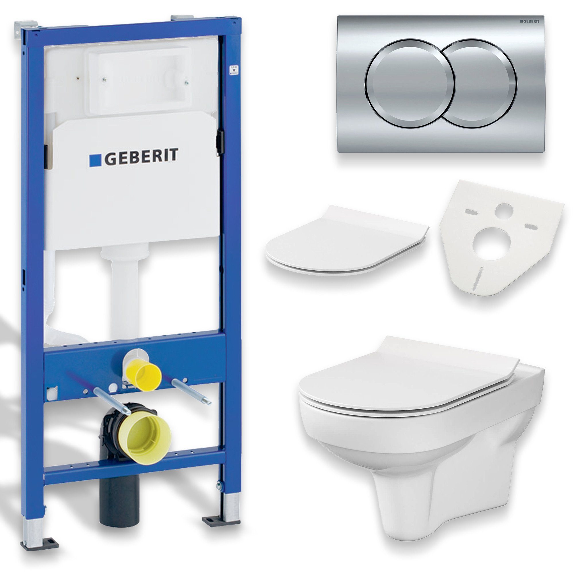Vorwandelement WC SET: Wand-WC City CleanOn Weiß + Geberit Duofix Basic + Delta01 Chrom