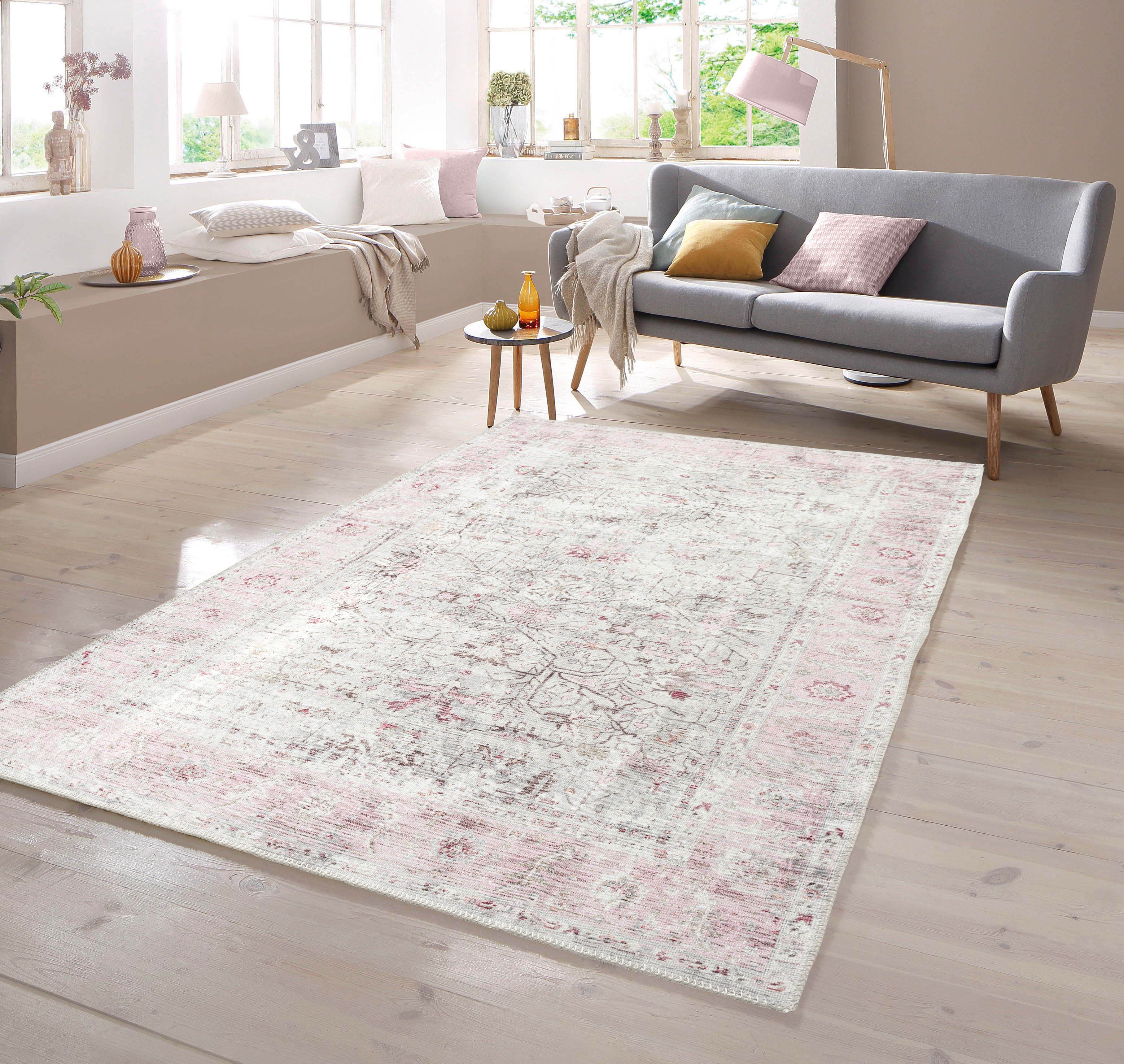 Teppich Klassischer Teppich mit Blumen Muster in creme pink, TeppichHome24, rechteckig, Höhe: 7 mm