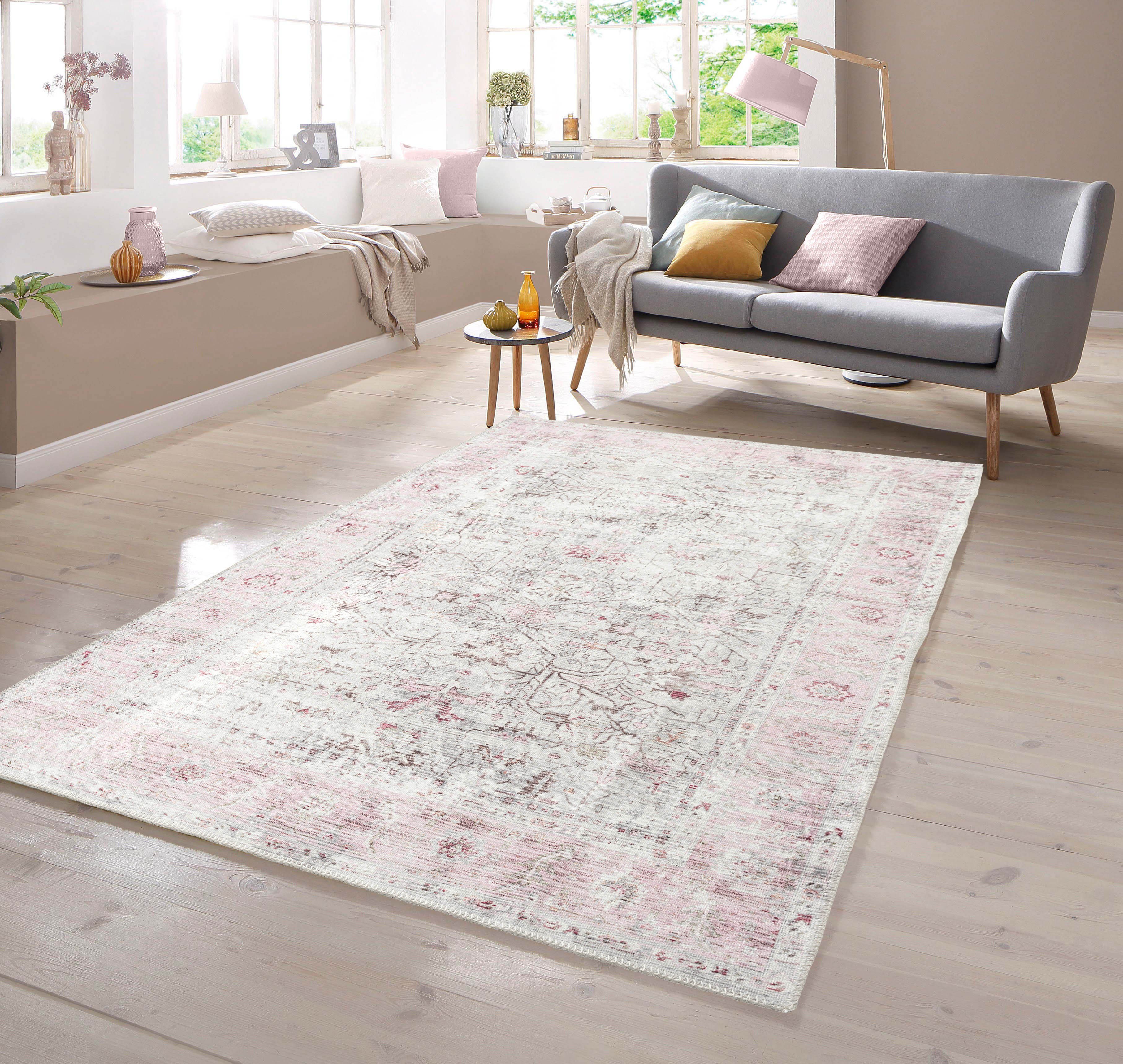 Teppich Klassischer Teppich mit Blumen Muster in creme pink, TeppichHome24,  rechteckig, Höhe: 7 mm | Kurzflor-Teppiche