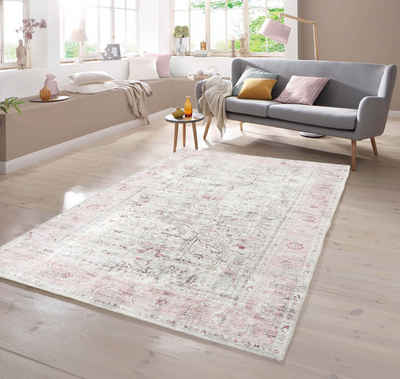 Teppich Klassischer Teppich mit Blumen Muster in creme pink, TeppichHome24, rechteckig, Höhe: 7 mm