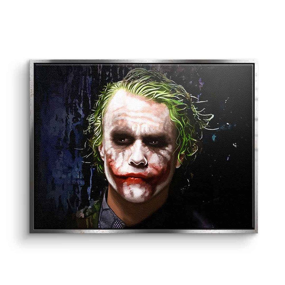 DOTCOMCANVAS® Leinwandbild, Leinwandbild crazy Joker Batman Porträt Film TV Charakter schwarz mit silberner Rahmen