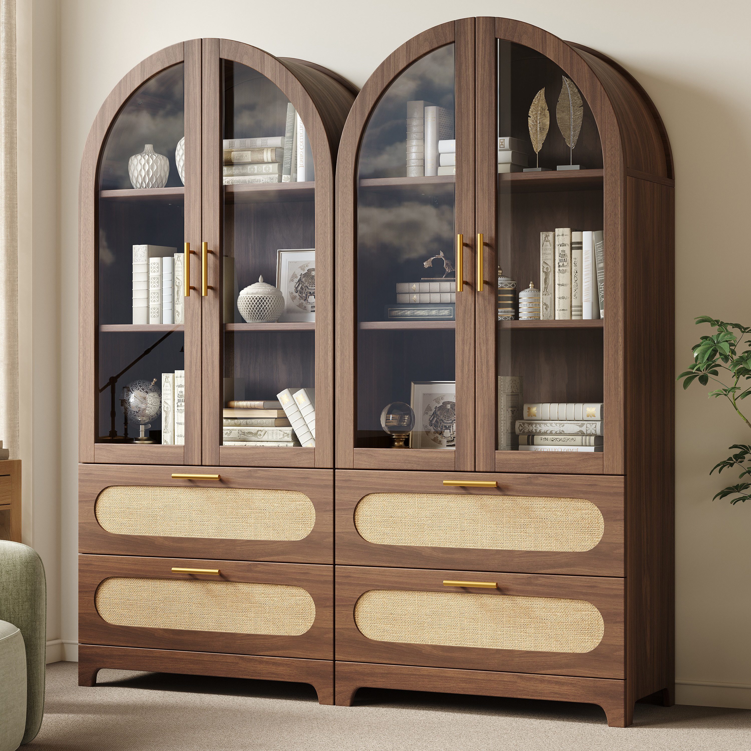 STILVORA Vitrine Retro-Design Highboard Bücherregal mit verstellbare Böden (Vitrine, Bücherregal, Montmartre-Bogen, Nussbaumoptik, Retro, 2-St) Bogenform, PE-Rattan, Goldgriffe, Kippschutz, stabil, langlebig