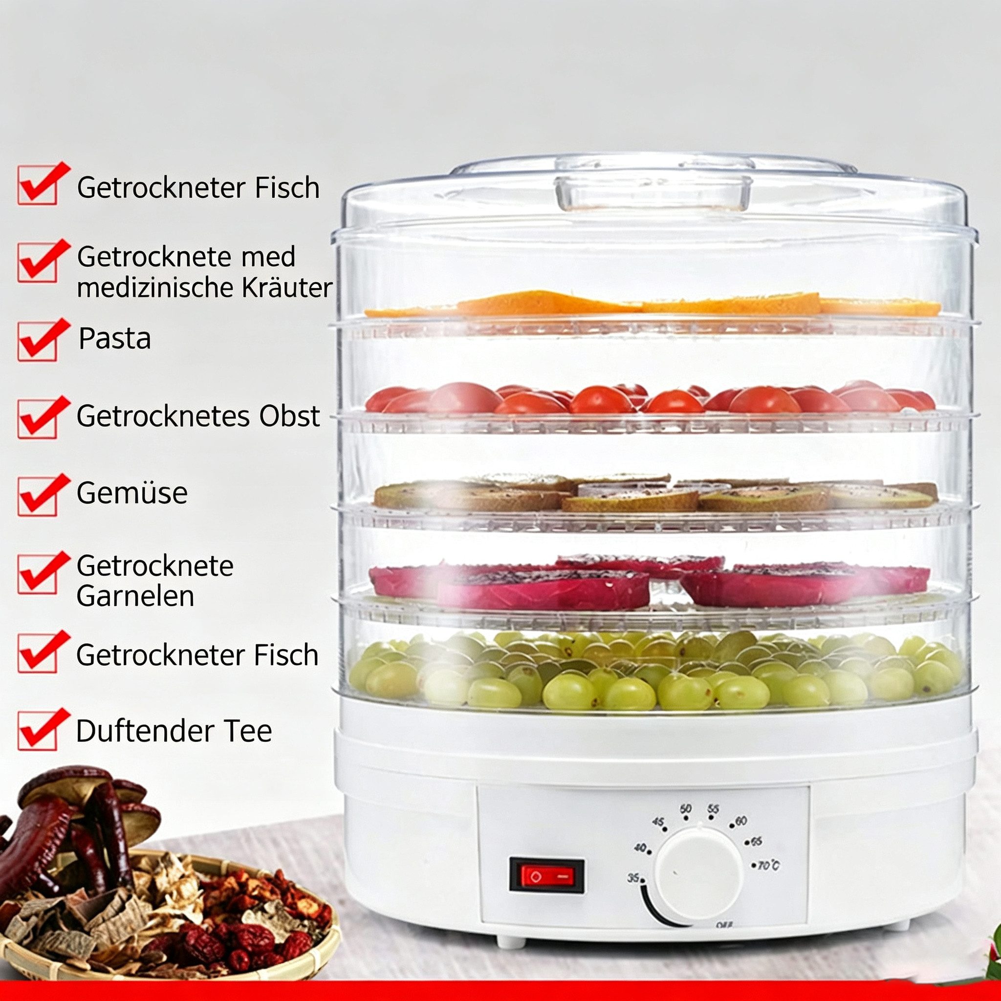 wohnTRAUM24 Dörrautomat Dörrautomat Dörrgerät mit Temperaturregler, 5 Einlegefächer, 35-70°C 350 W, 5 Etagen, Vielseitig für Obst, Fleisch, Fisch & Kräuter – Bild 3 von 5