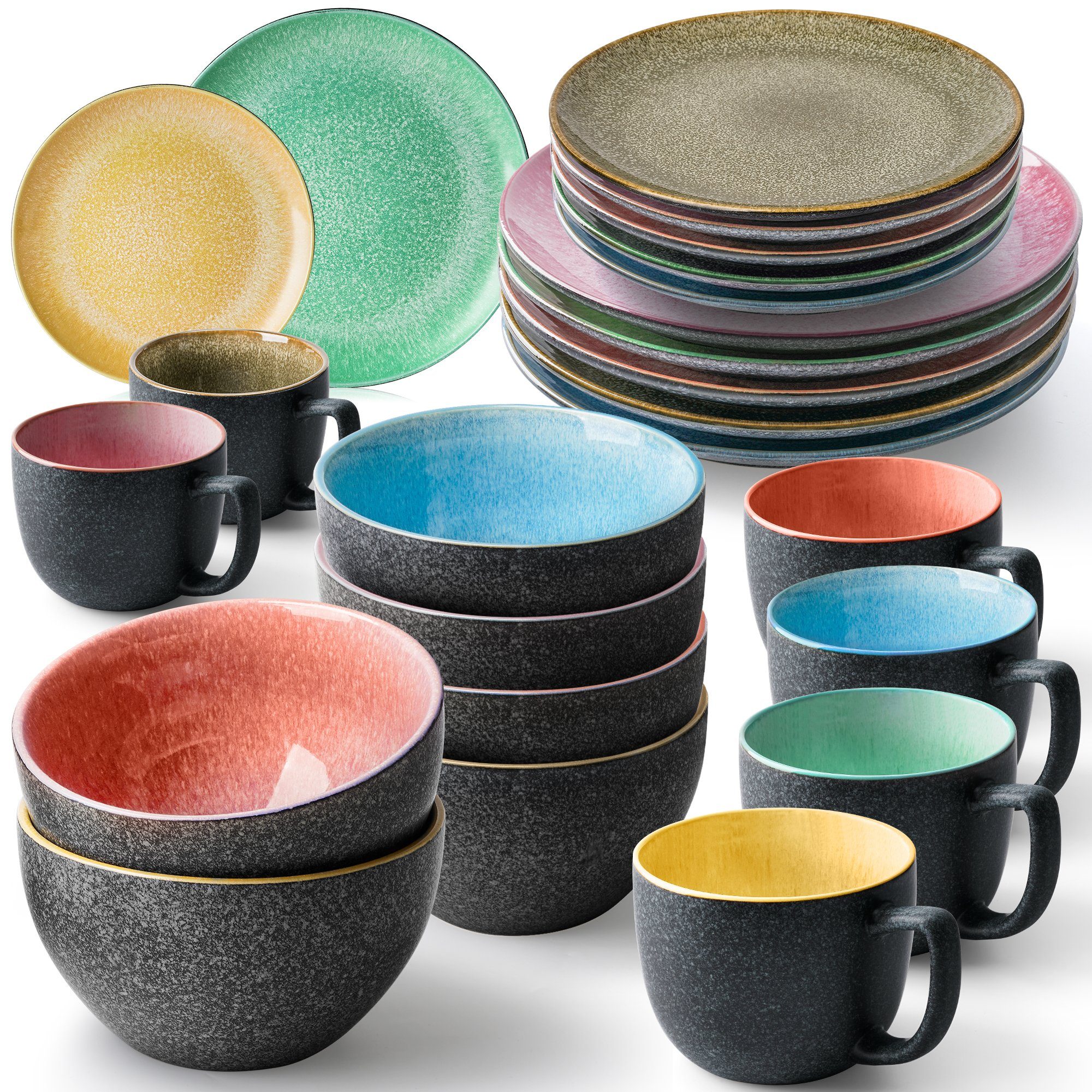 MiaMio Tafelservice 24tlg Geschirrset 6 Personen Kombiservice Keramik Farbig (24-tlg), 6 Personen, Keramik, Steingut