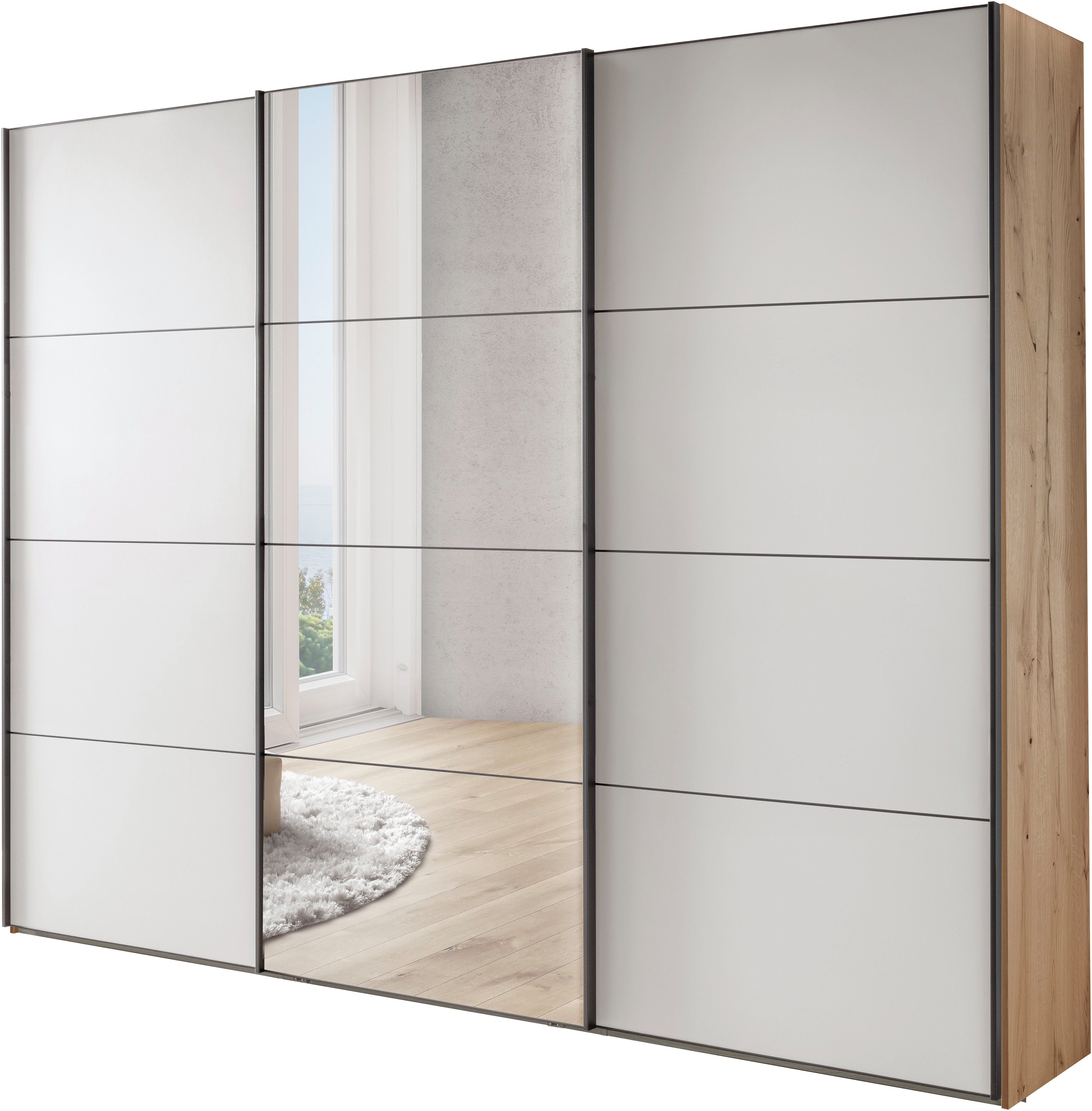 WIEMANN Schwebetürenschrank Phoenix, Made in Germany, modernes Design, Highlight, Blickfang (Viele Farbkombinationen, in 4 Breiten und in 2 Höhen erhältlich) maximaler Staurraum, inkl.Einlegeböden, Wäscheböden u. Dämpfer
