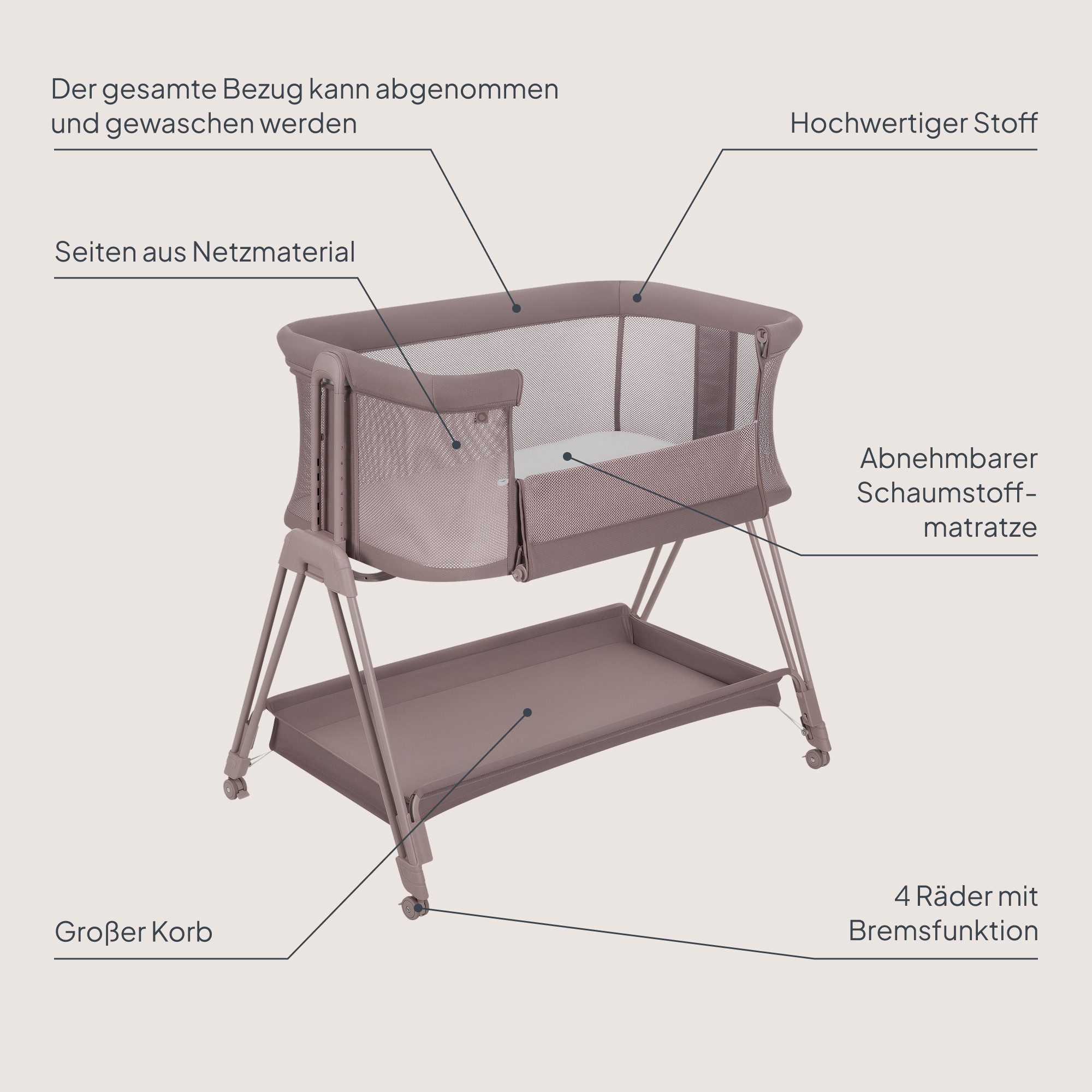lionelo Baby-Reisebett LUNA, 2in14 Rädern mit Bremse6-stufige Höhenverstellung