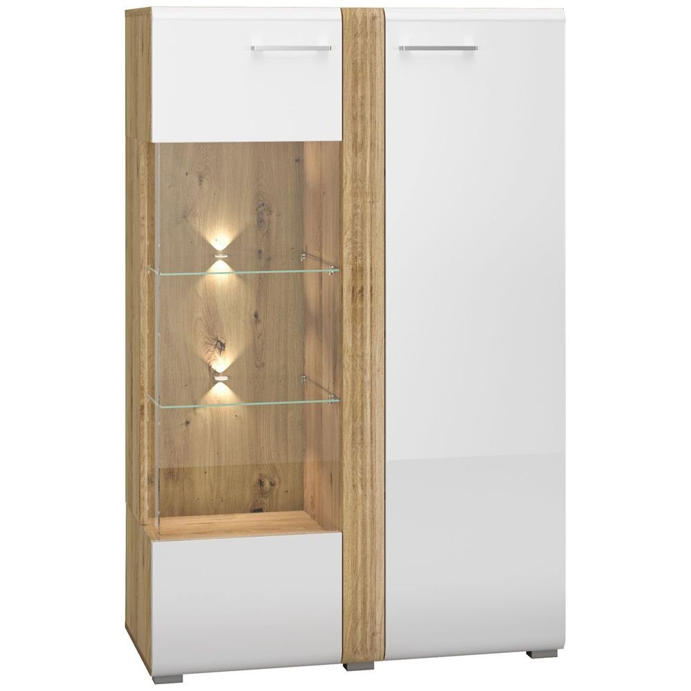 Lomadox Highboard AKRON-131, Vitrine in Eiche Nb mit weiß Hochglanz, B/H/T: ca. 92/143/42 cm