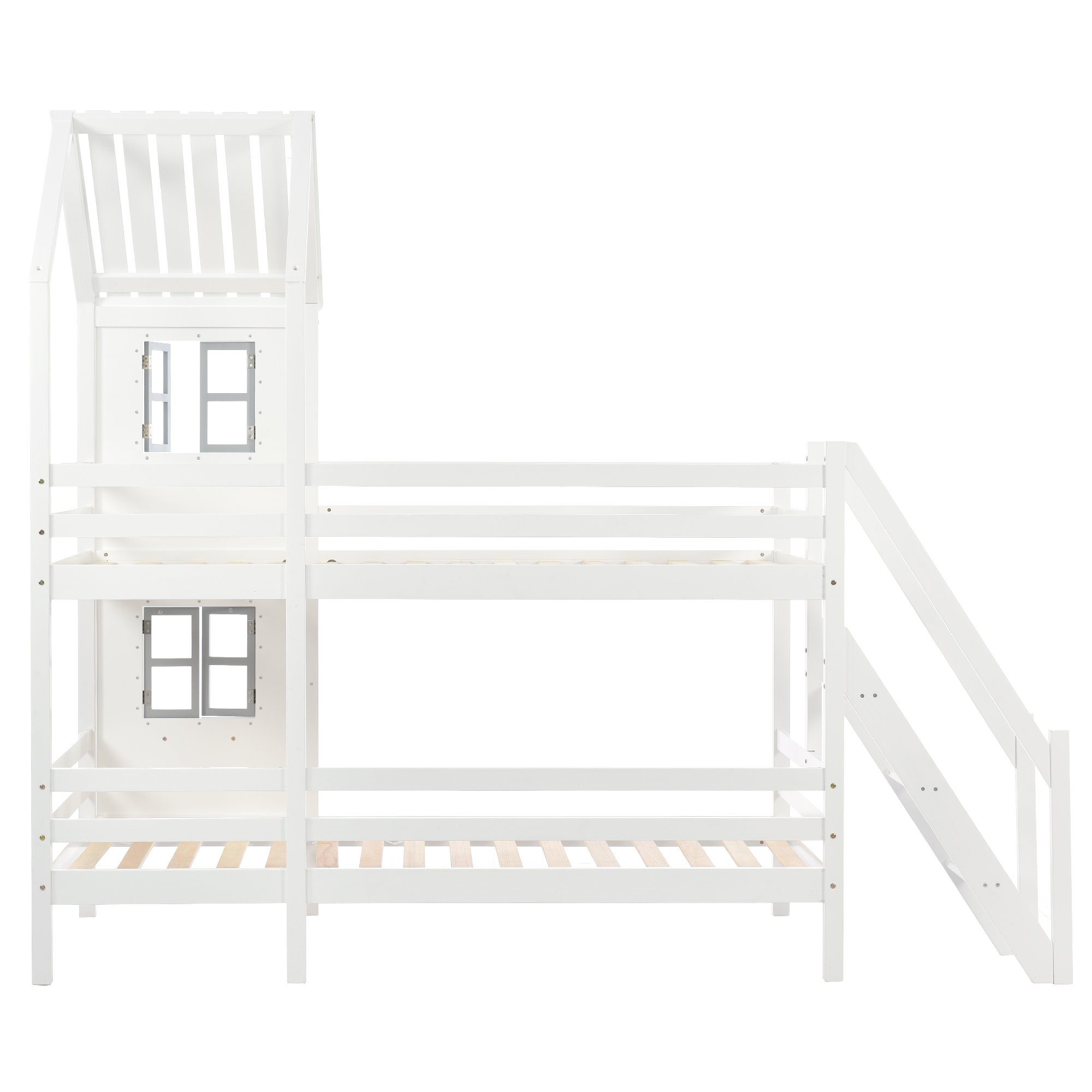 Rollrost (90x200 und Etagenbett inkl. mit SOFTWEARY Schlafgelegenheiten, Kinderbett mit cm), 2 Rausfallschutz, Kiefer Treppe