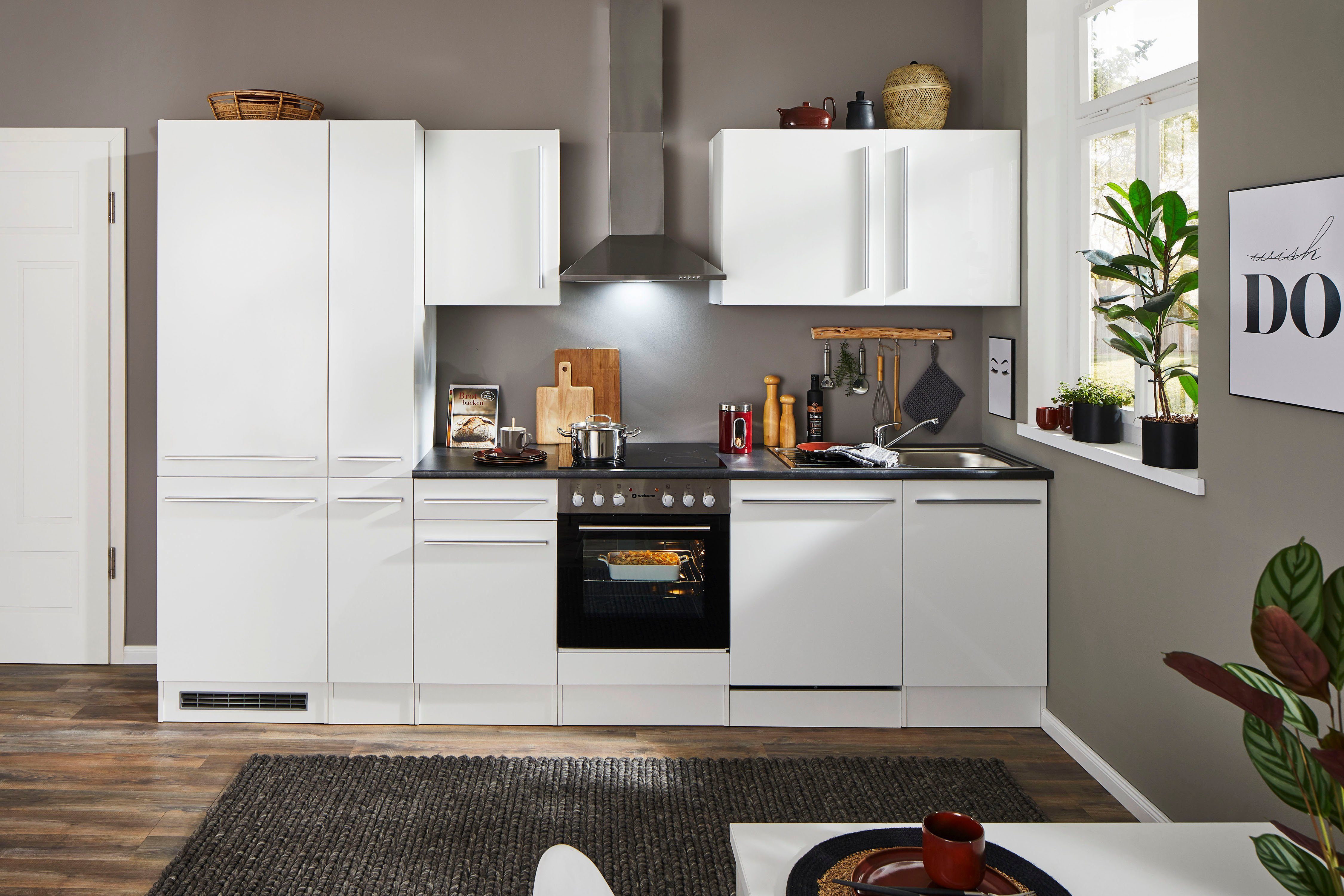 Küchenzeile weiß/weiß by Balculina E-Geräten BASIC hochglanz cm, mit weiß Breite dark wahlweise | Jazz, 310 Hochglanz-stone