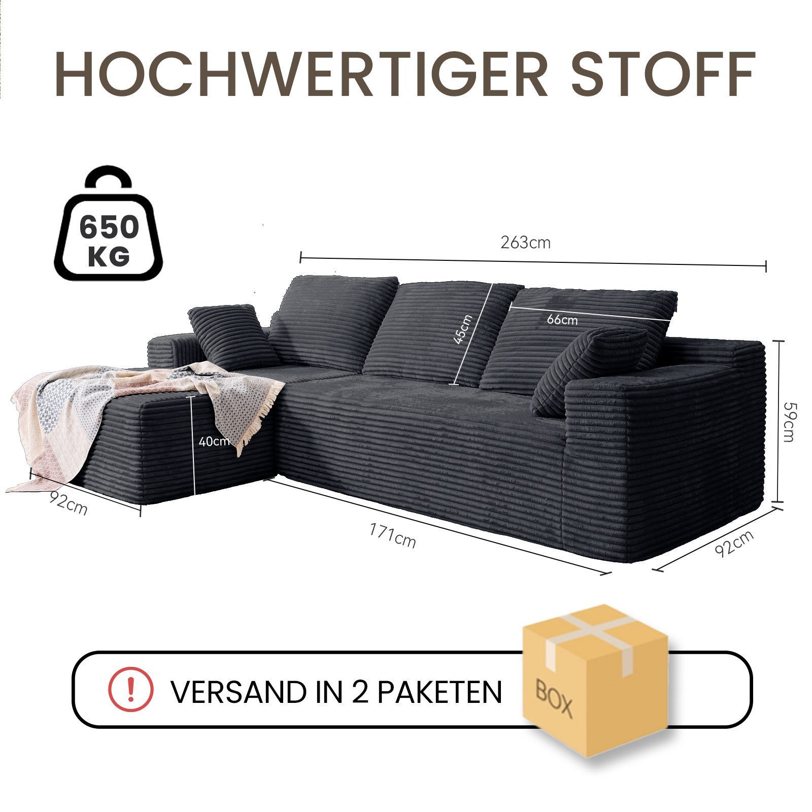 Patbrela Ecksofa Couch L-Form 263cm, Sofa Links Samtstoff Vierersofa mit Liegefläche, keine Montage erforderlich