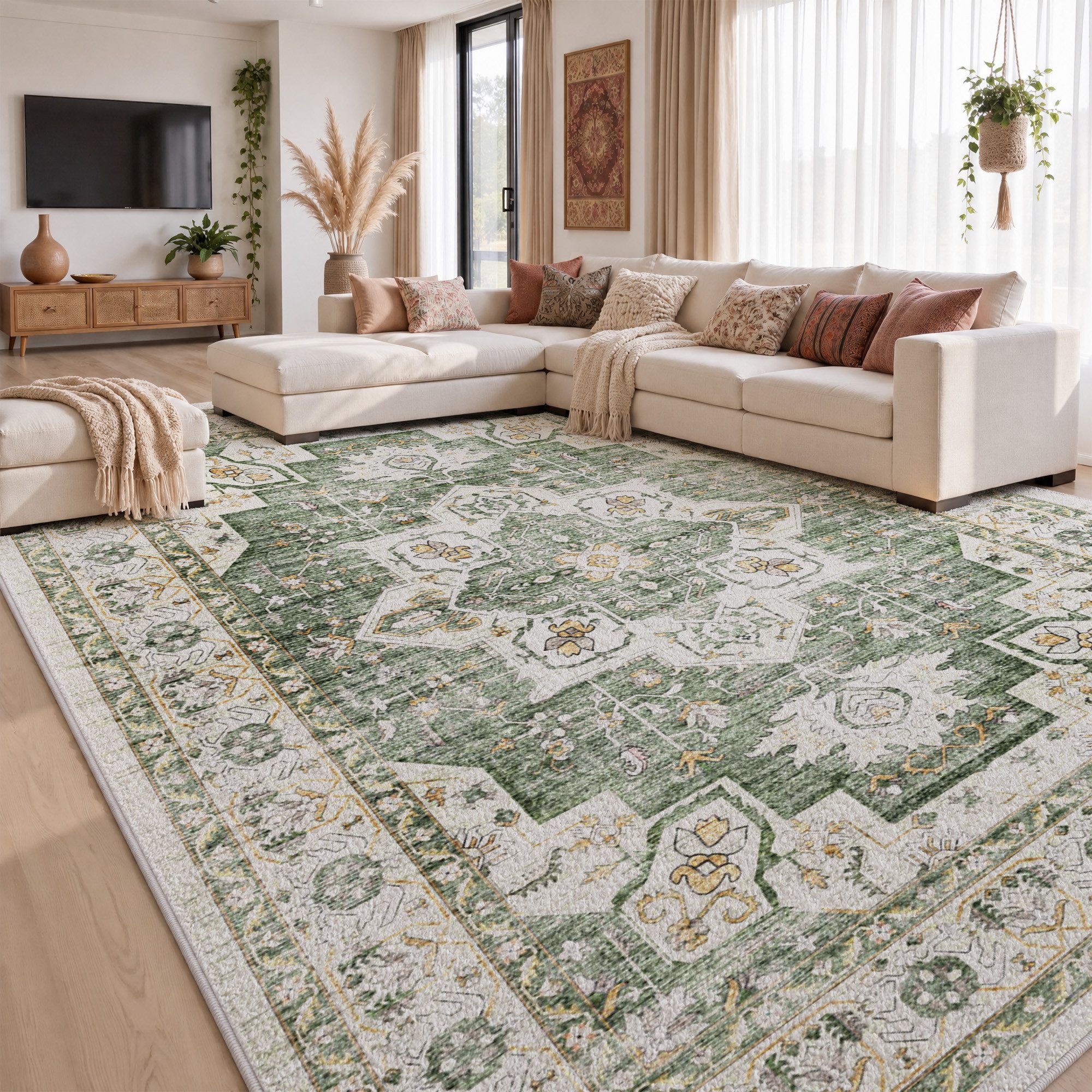 Klyvvo Teppich Boho Retro Kurzflor Teppich mit Blumenmuster rechteckig, Höhe: 8.5 mm, Rechteckig, hohe Flordichte, weich, Maschinwaschbar mit Rutschfester TPE-Unterlage