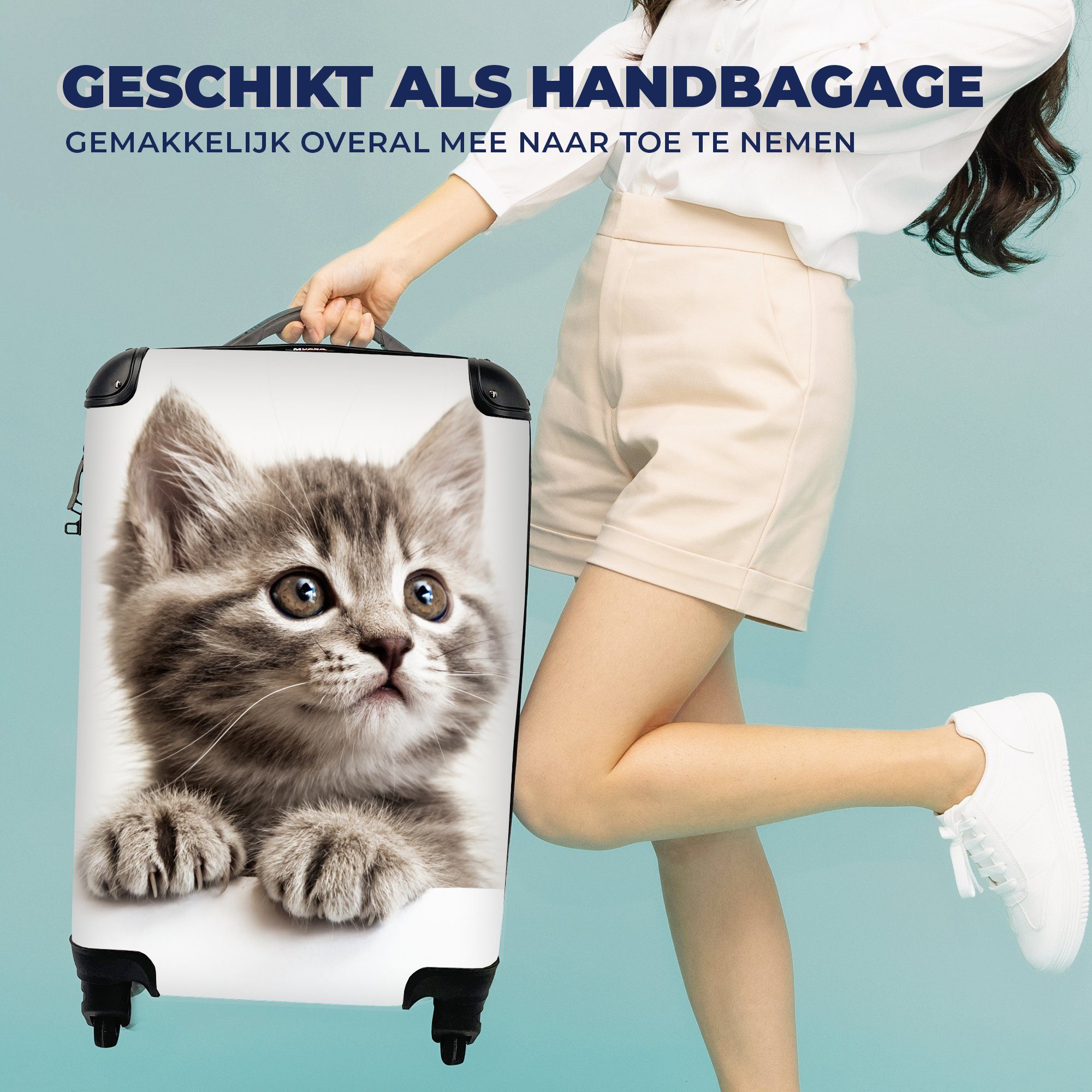 MuchoWow Handgepäckkoffer Tiere, Rollen, Grau Trolley, Handgepäck mit - für - Ferien, Reisetasche Katze Reisekoffer 4 rollen