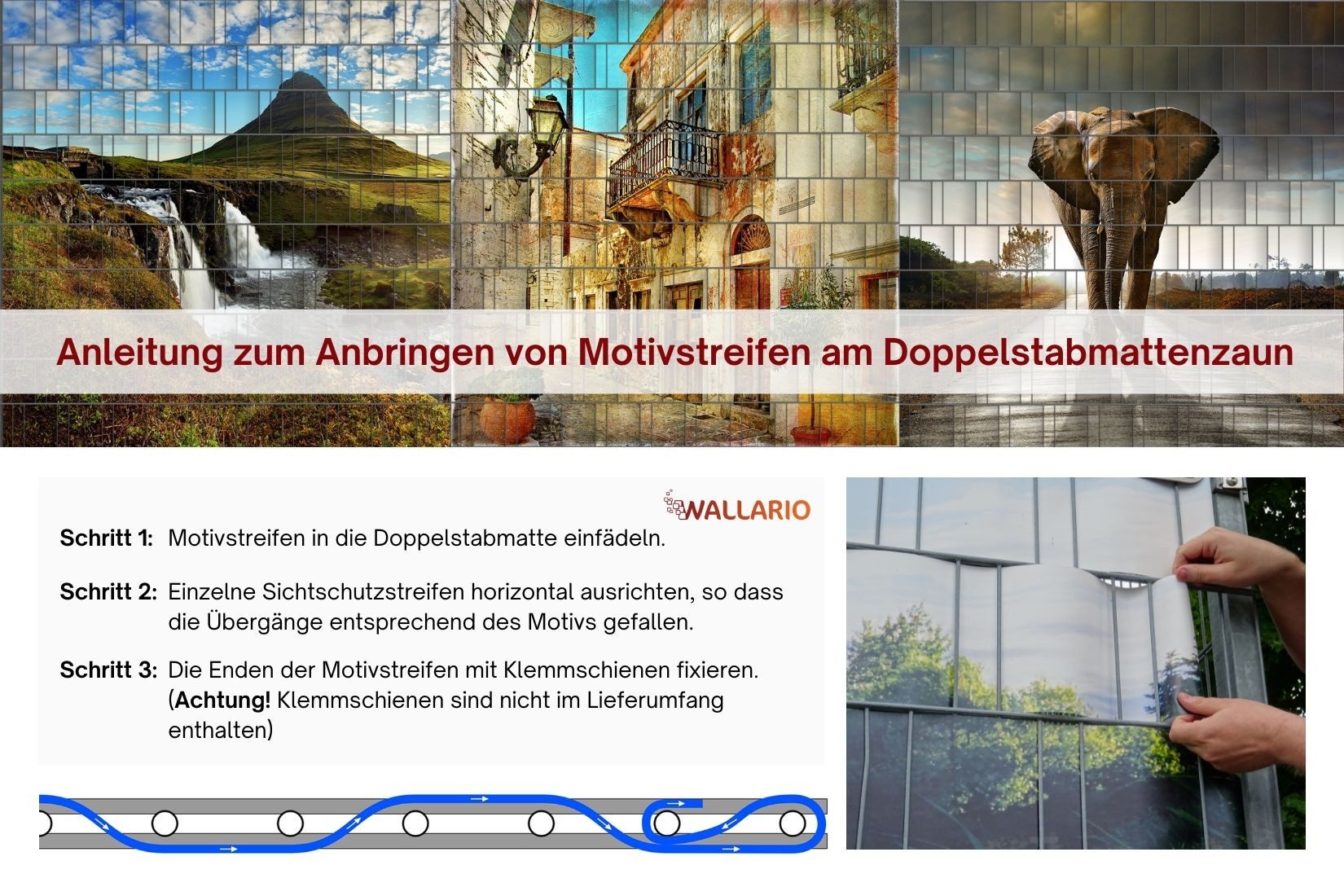 Wallario Sichtschutzstreifen Blumen am Teich, für Stabmattenzäune geeignet