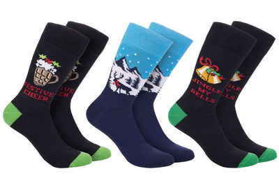 BRUBAKER Socken 3 Paar Herren Weihnachtssocken - Lustige Socken mit Weihnachtsmotiven (Jingle my Bells, Festive Cheer Bier und Winterlandschaft, 3-Paar, One Size 41-45) Baumwolle Bunt - Männer Geschenk Weihnachten