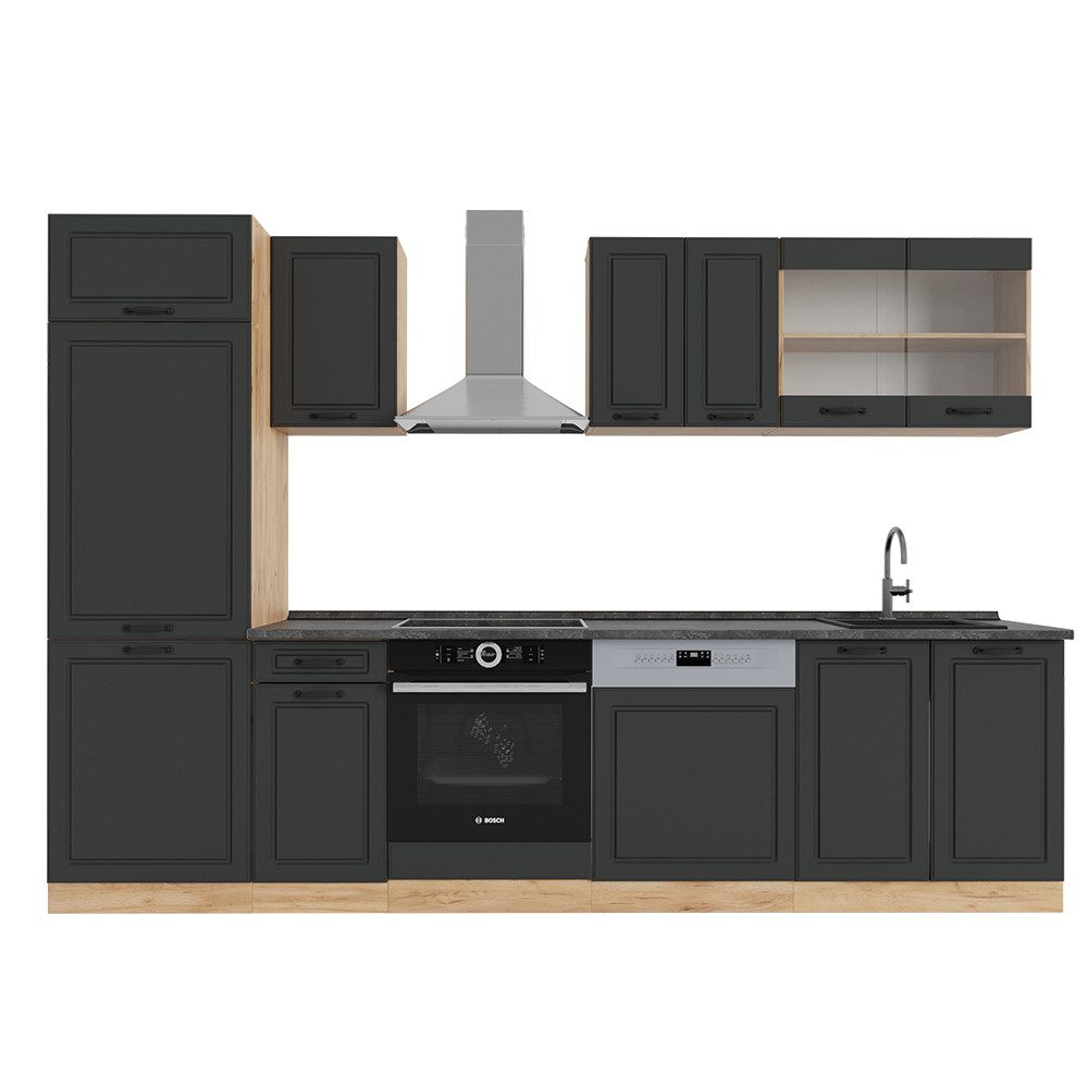 Vicco Küchenzeile R-Line, Anthrazit Landhaus/Goldkraft Eiche, 300 cm ohne Arbeitsplatte