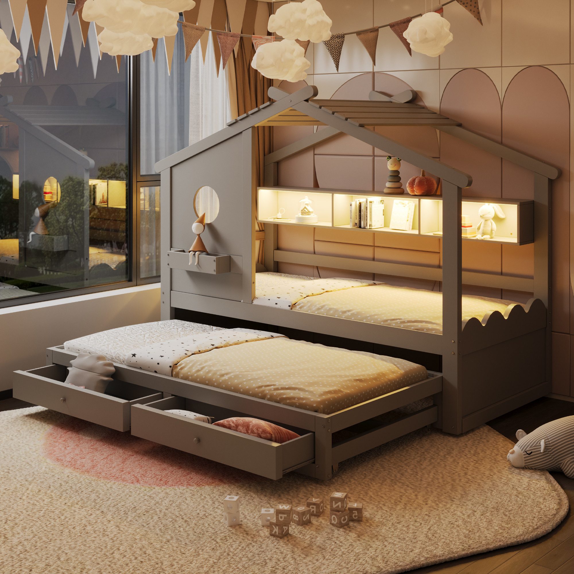 Flieks Kinderbett, Hausbett 90x200cm Ausziehbett 90x190cm Schubladen Aufladen Lichtleiste