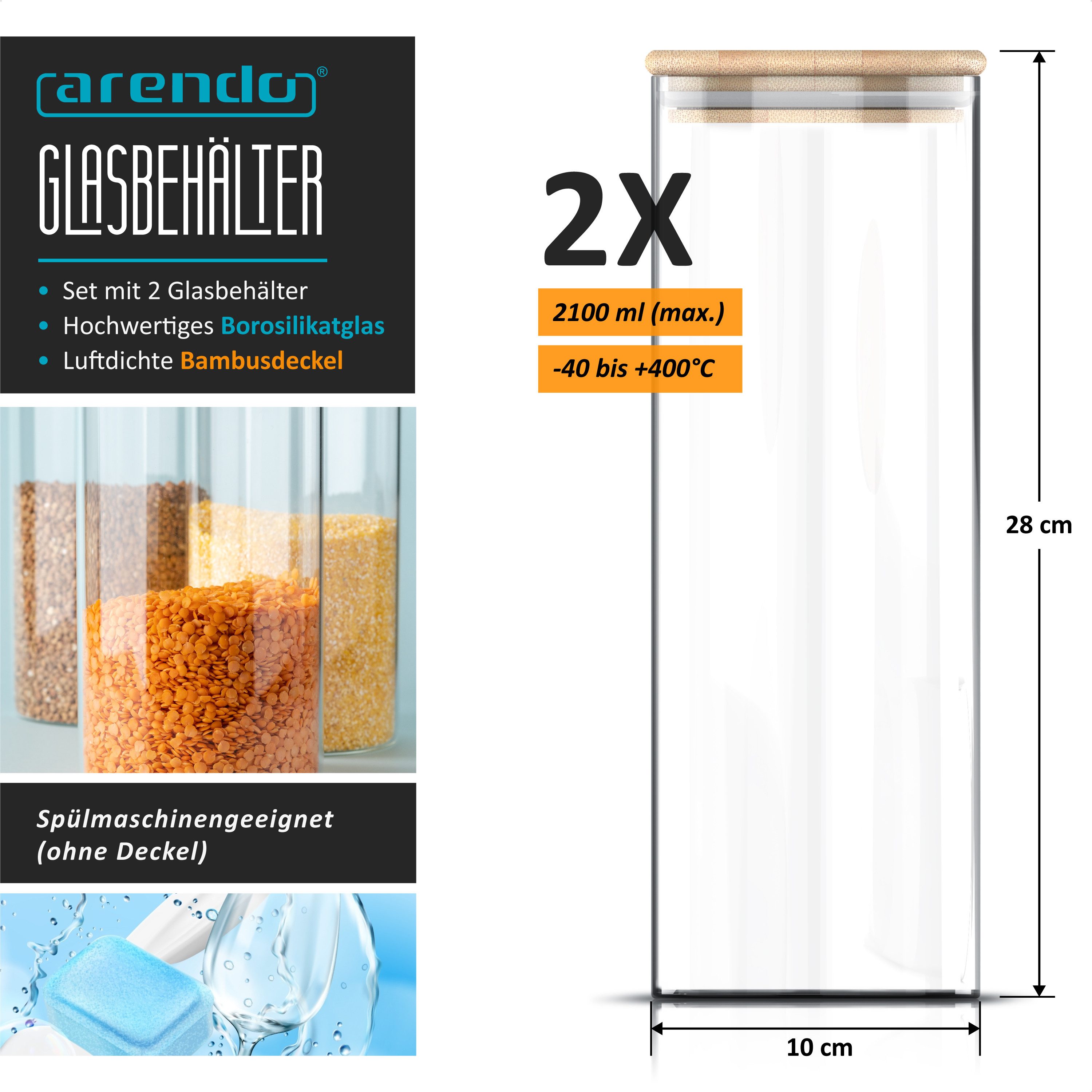 Arendo Aufbewahrungsbecher Glasbehälter 2x 0,785L, 2x 1,57L & 2x 2,2L Borosilikat, Bambusdeckel, Borosilikatglas; Bambus; Silikon, (Vorratsbehälter-Set, 6-tlg., 6er Set), Hitzebeständig, umweltfreundlich, luftdicht, mikrowellengeeignet