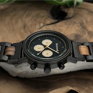 Holzwerk Chronograph WORMS Herren Edelstahl & Holz Armband Uhr, schwarz, braun